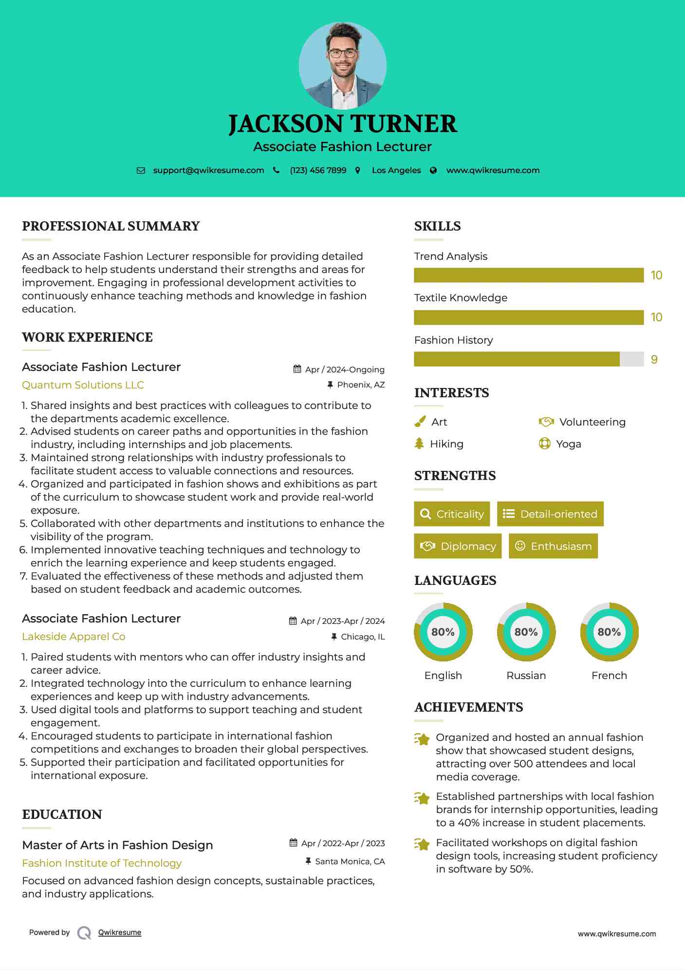 Associate Fashion Lecturer Resume Template