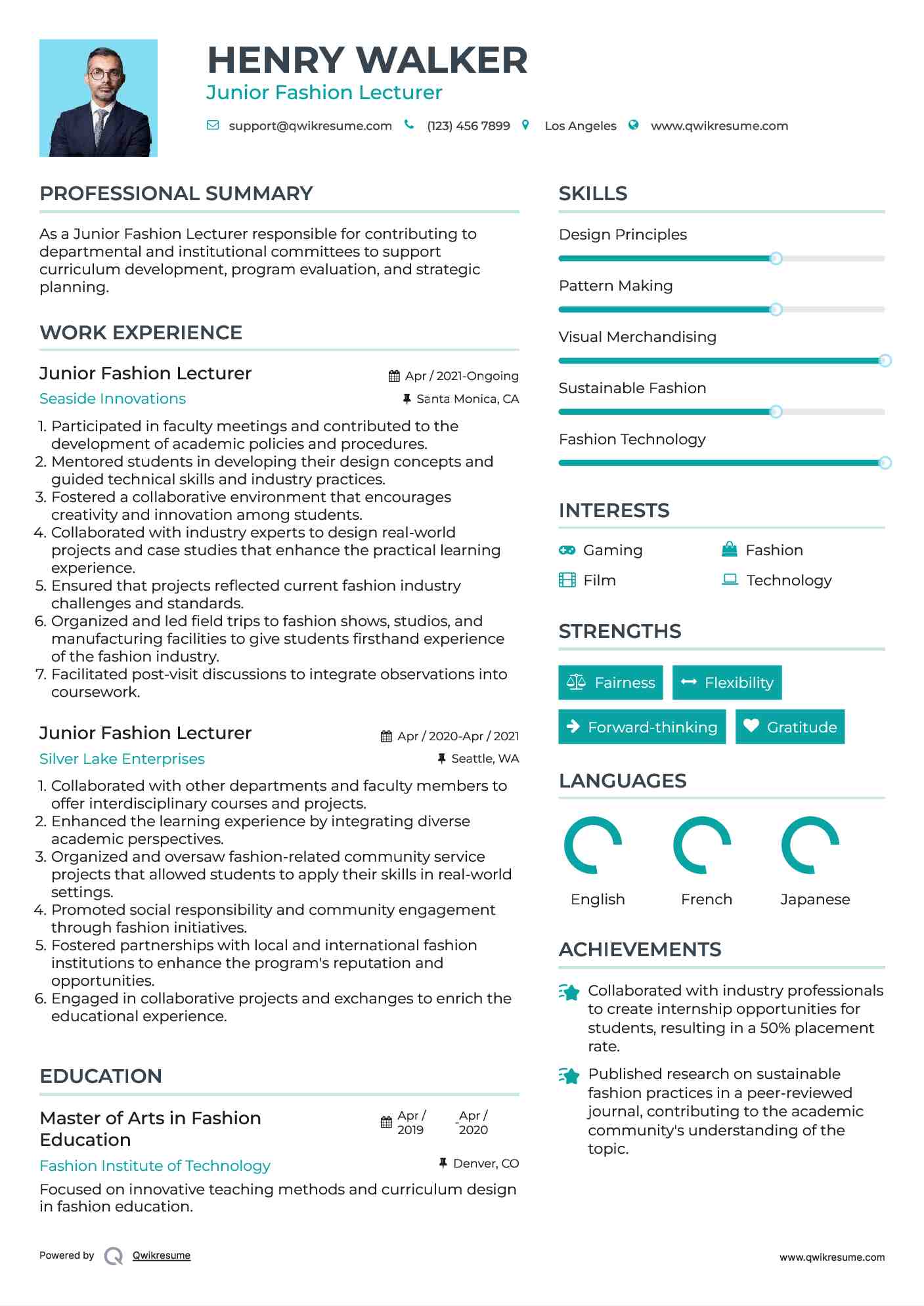 Junior Fashion Lecturer Resume Sample