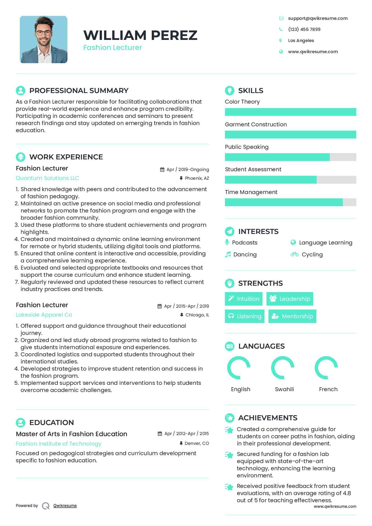  Fashion Lecturer Resume Format