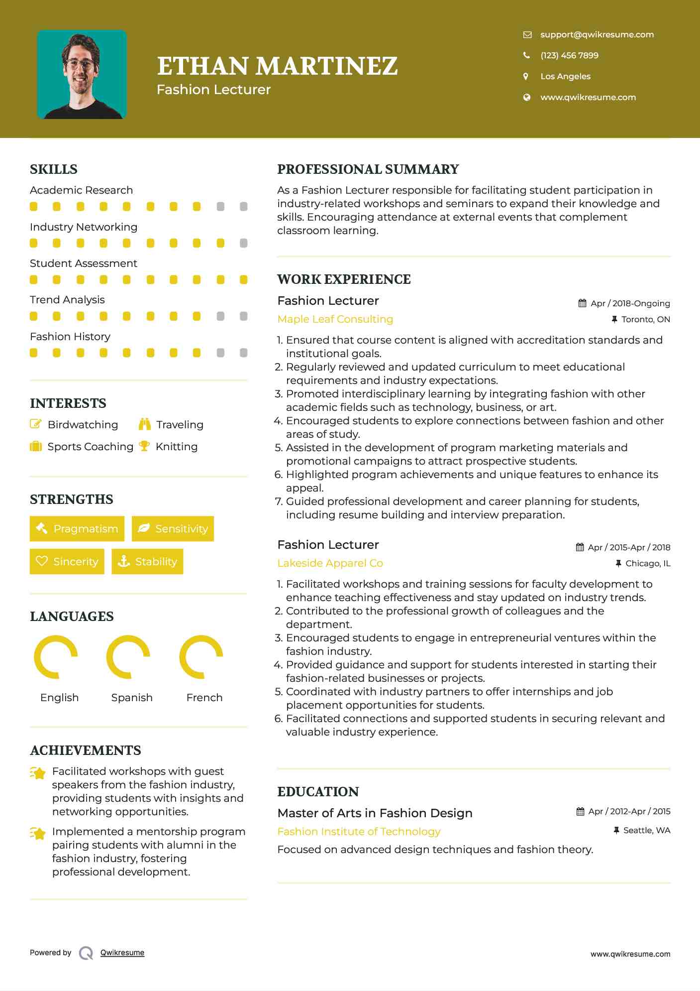 Fashion Lecturer Resume Format