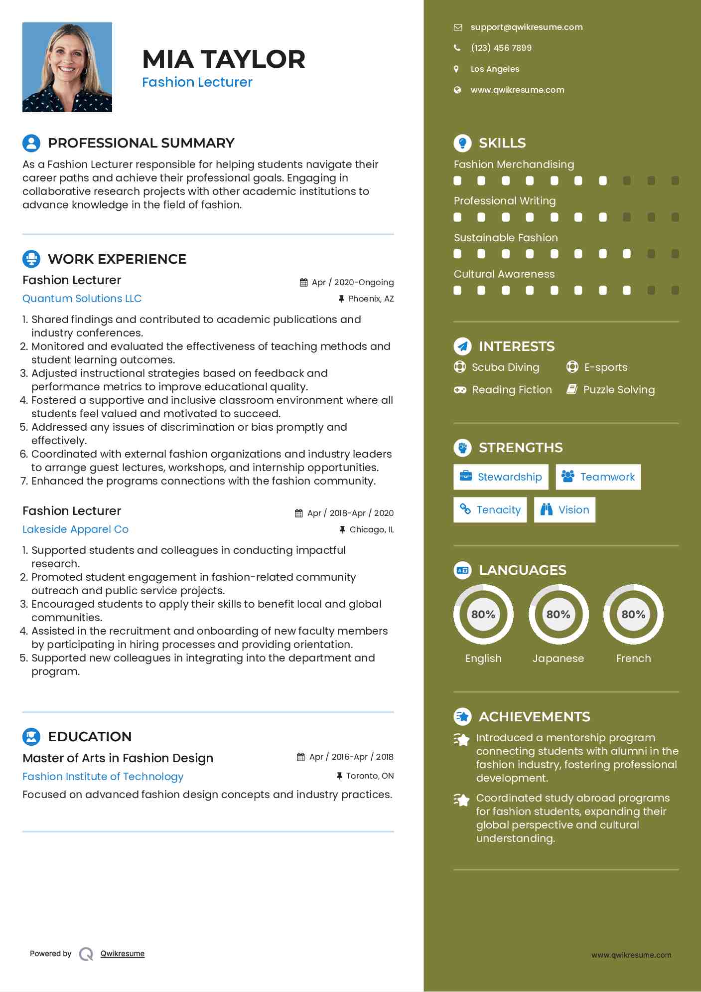 Fashion Lecturer Resume Model