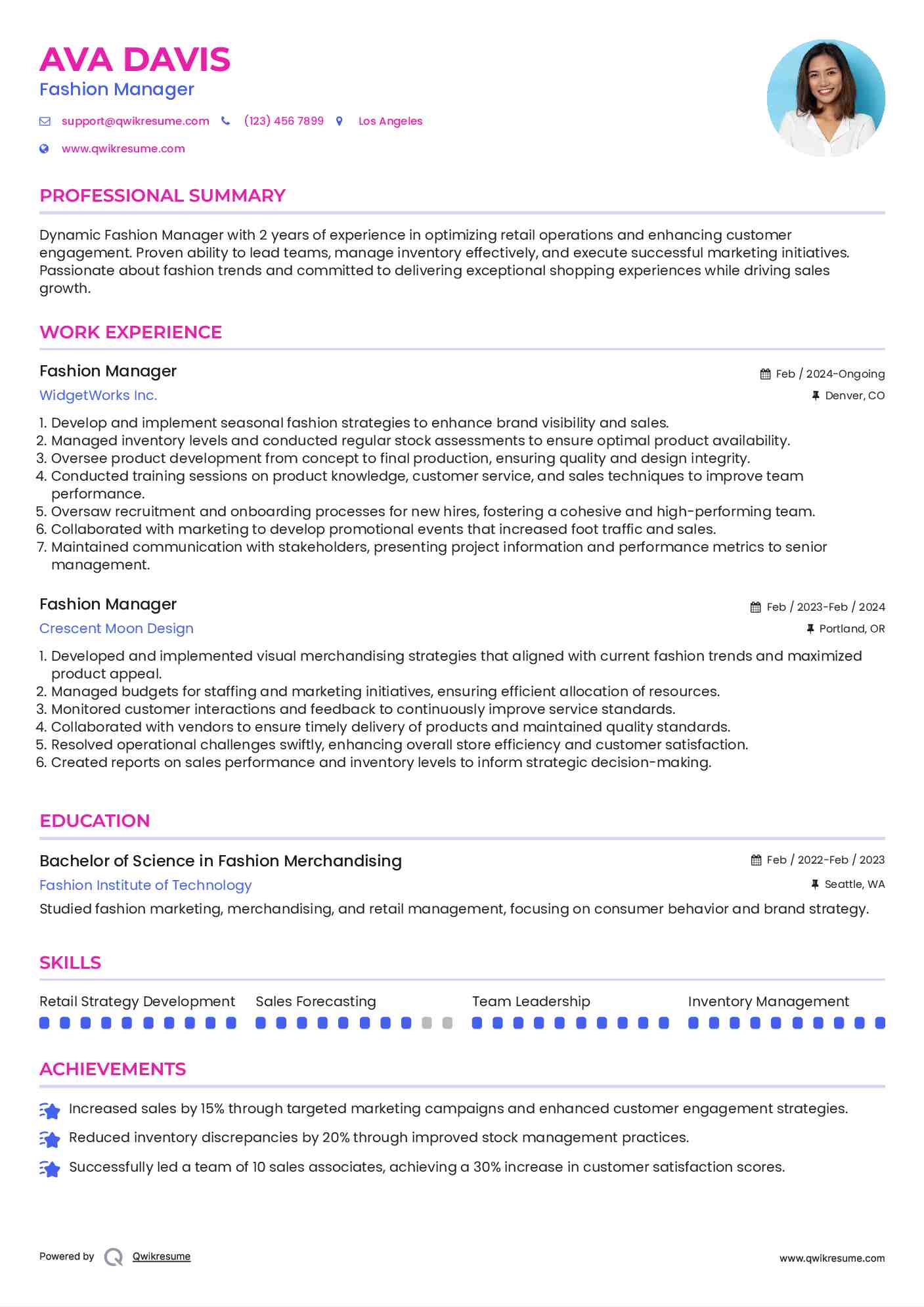 Fashion Manager Resume Model