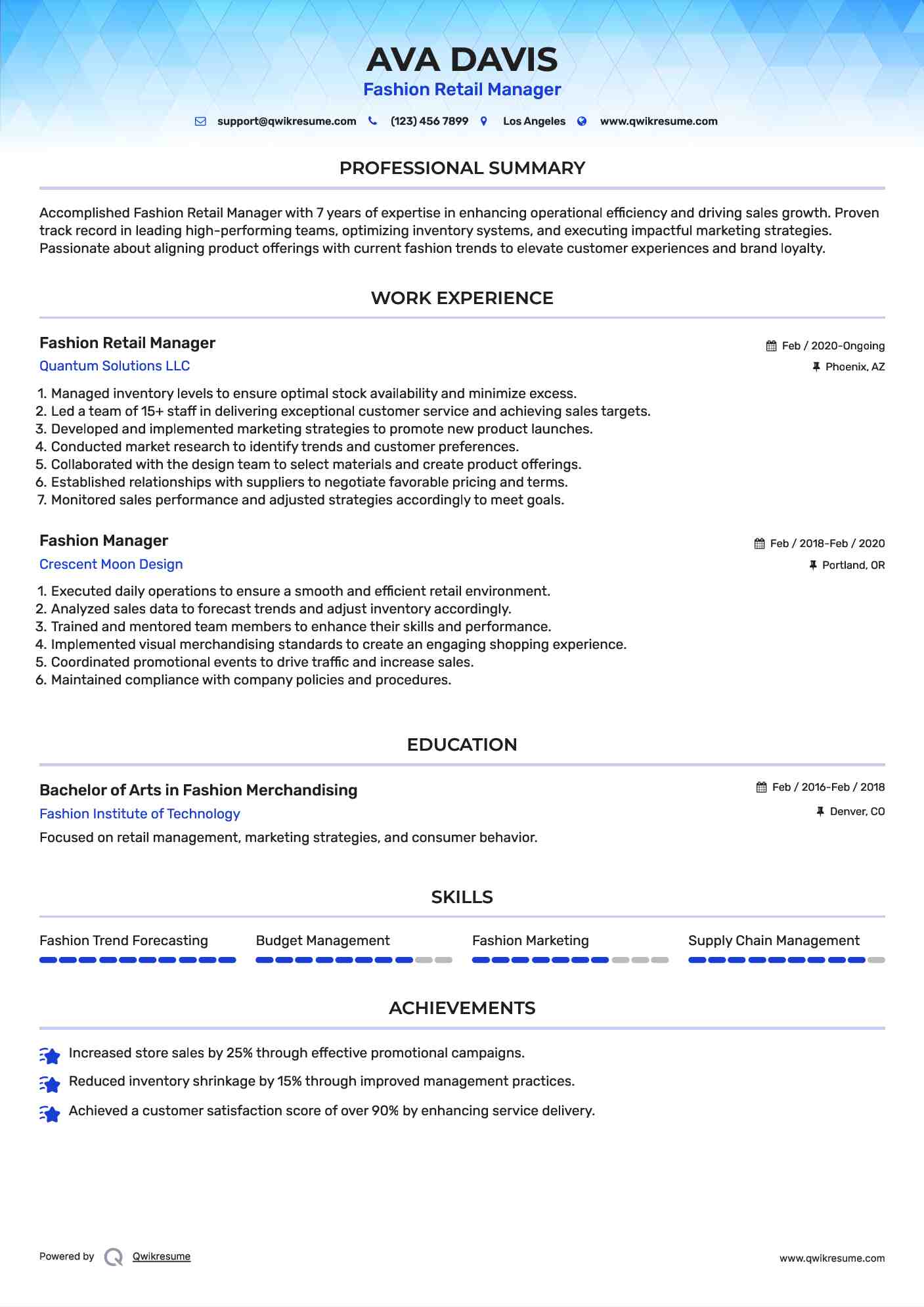 Fashion Retail Manager Resume Format