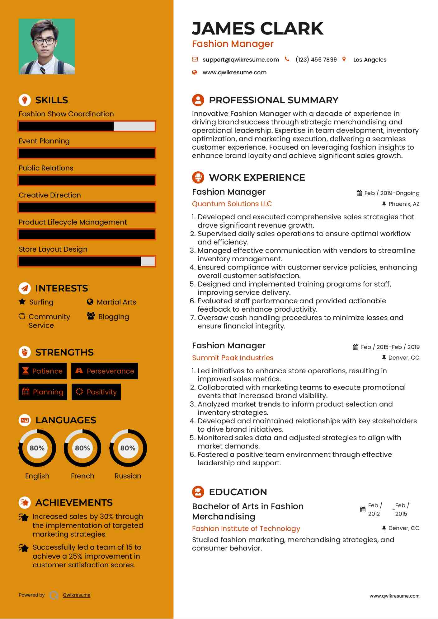 Fashion Manager Resume Sample