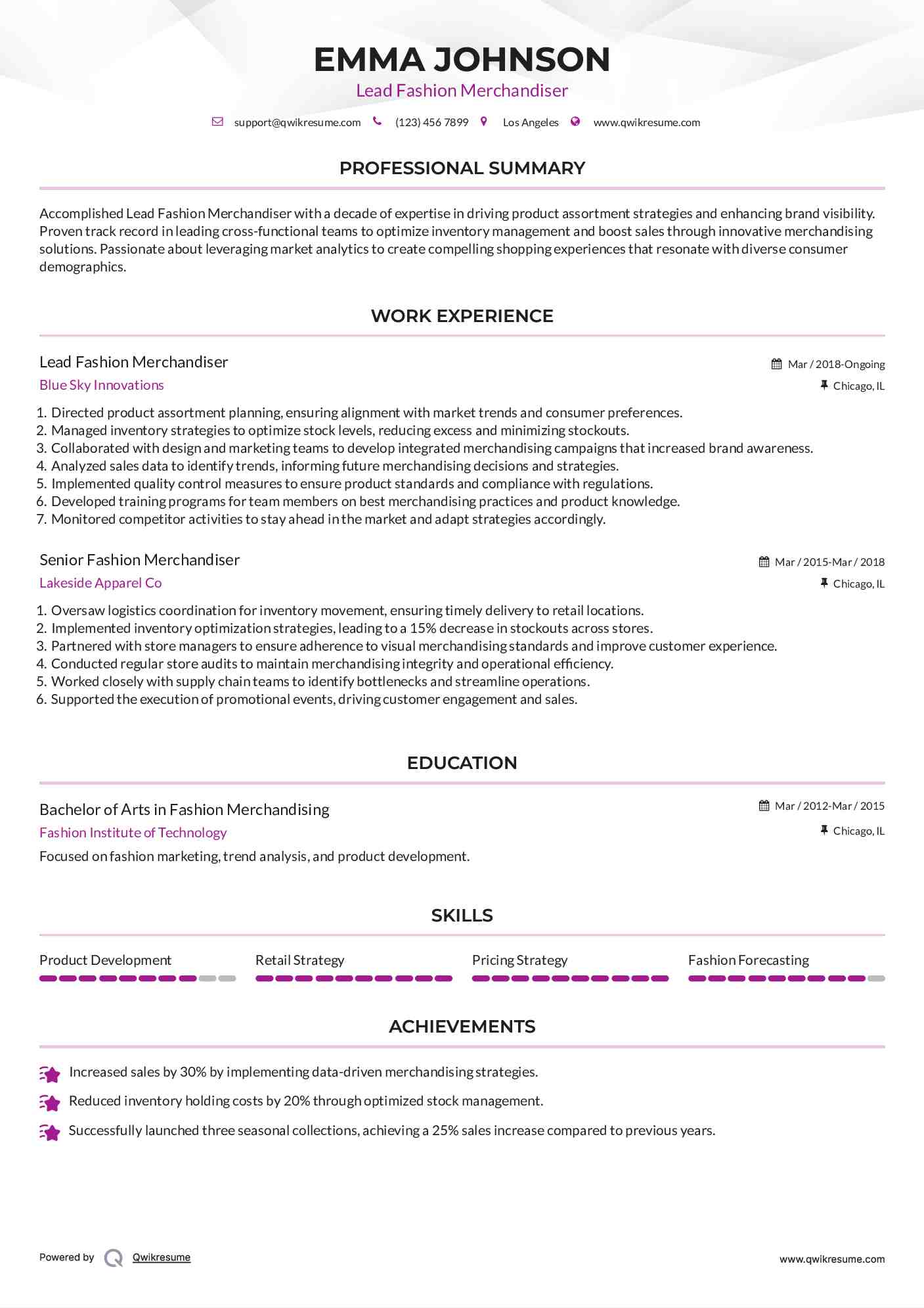 Lead Fashion Merchandiser Resume Sample