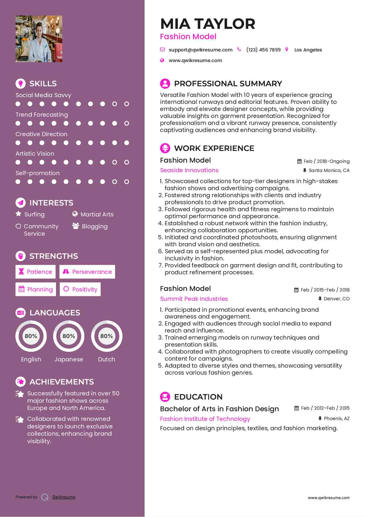 Fashion Model Resume Sample