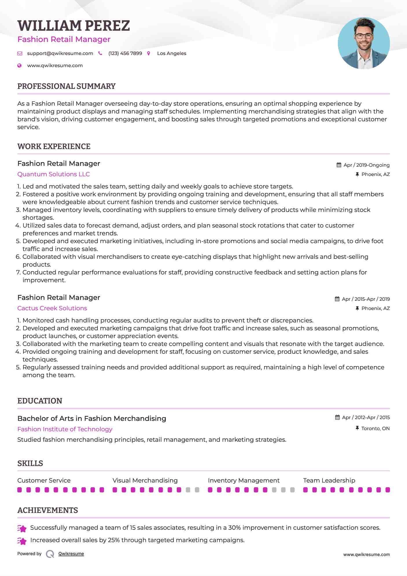 Fashion Retail Manager Resume Model