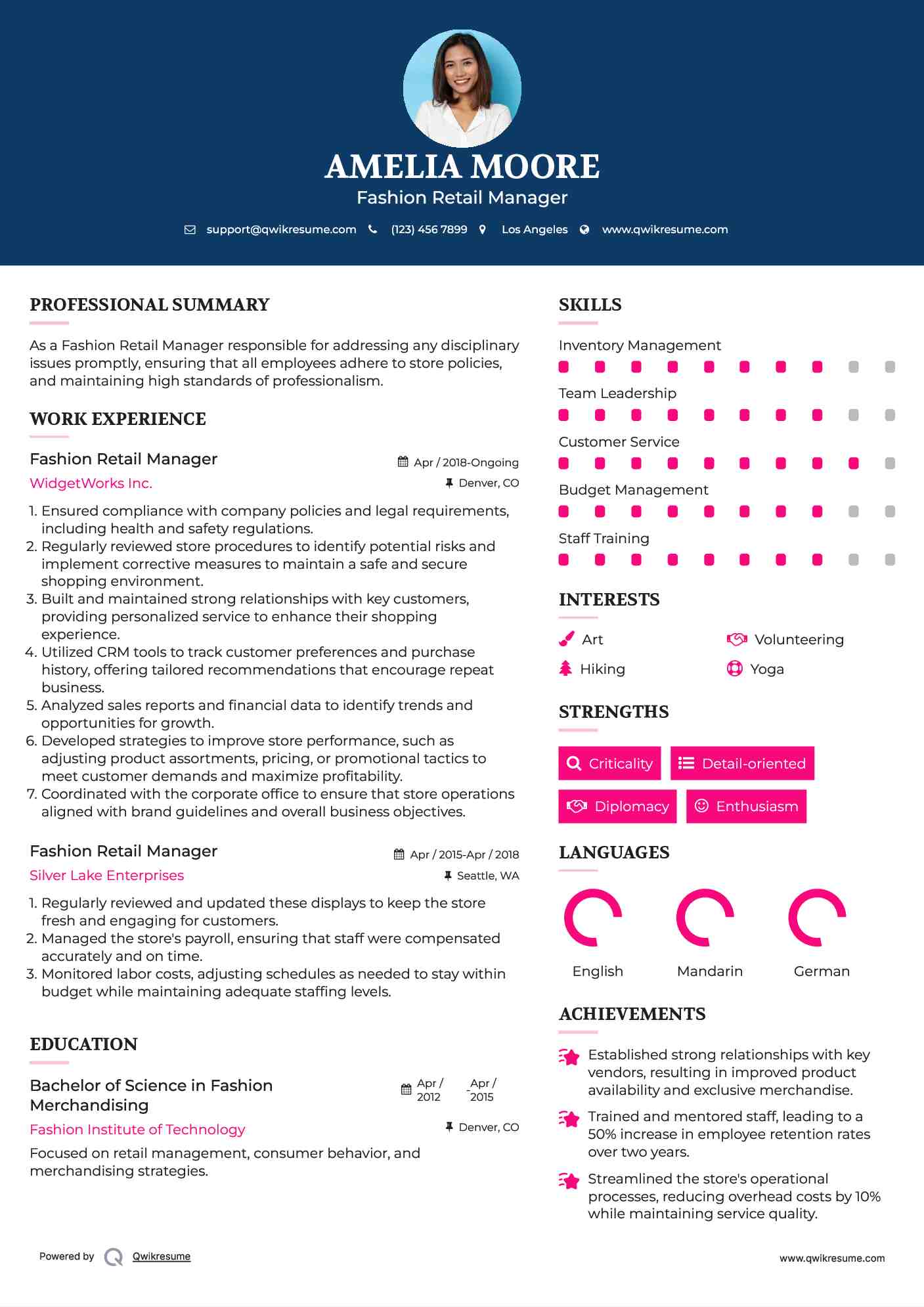 Fashion Retail Manager Resume Model