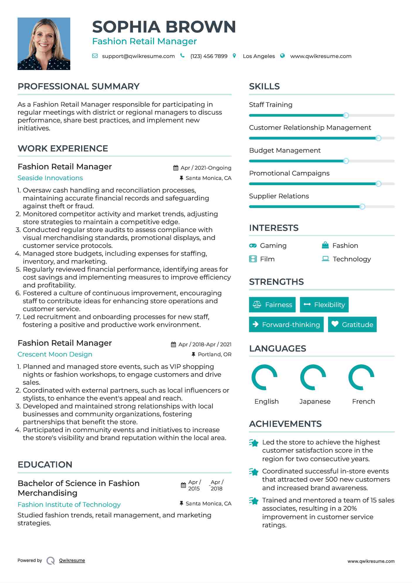Fashion Retail Manager Resume Model