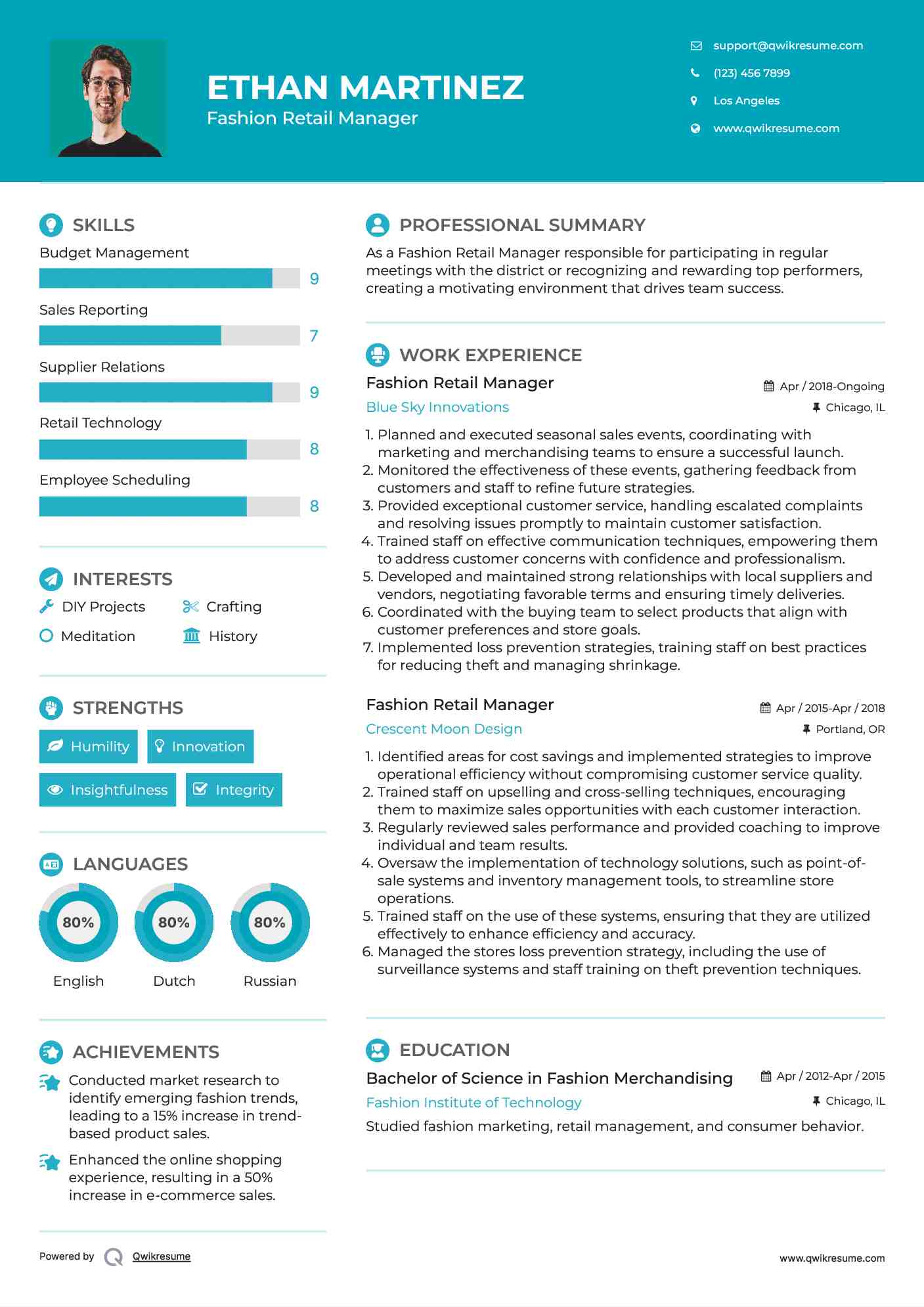 Fashion Retail Manager Resume Example