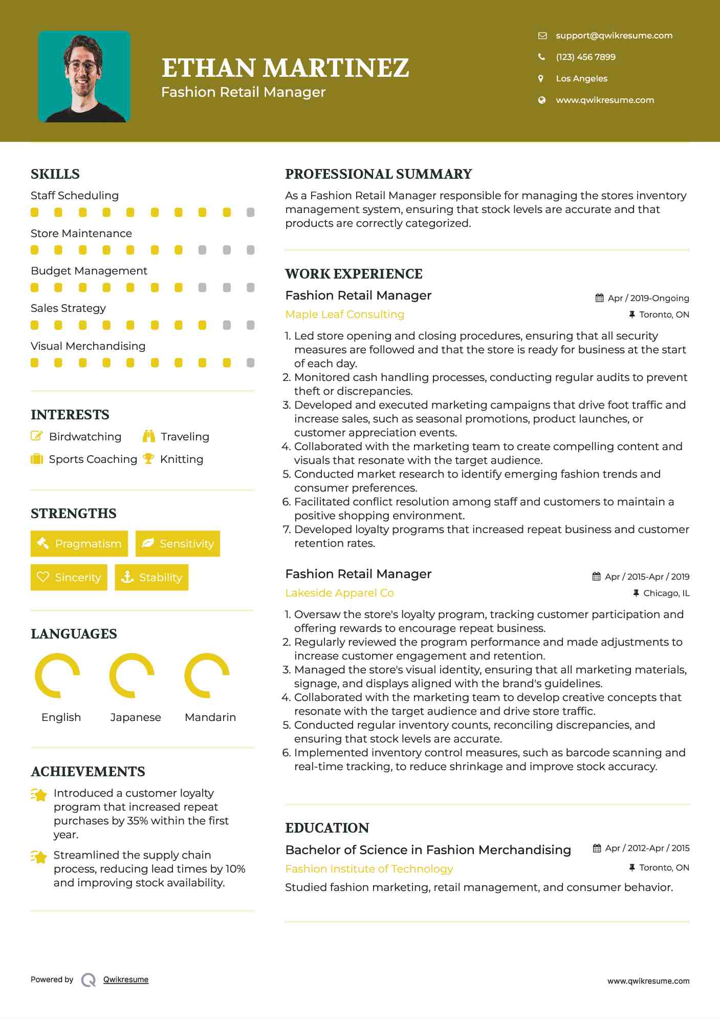 Fashion Retail Manager Resume Format