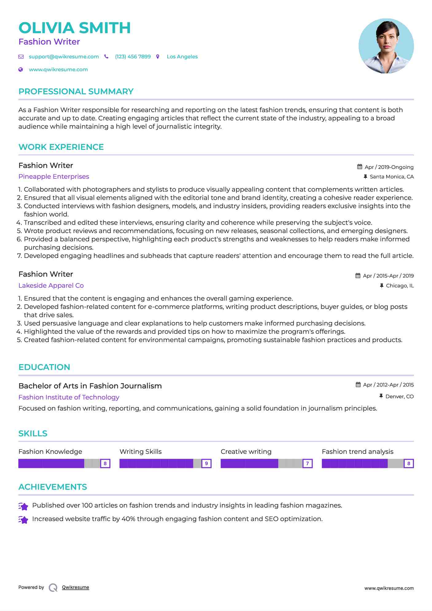Fashion Writer Resume Example