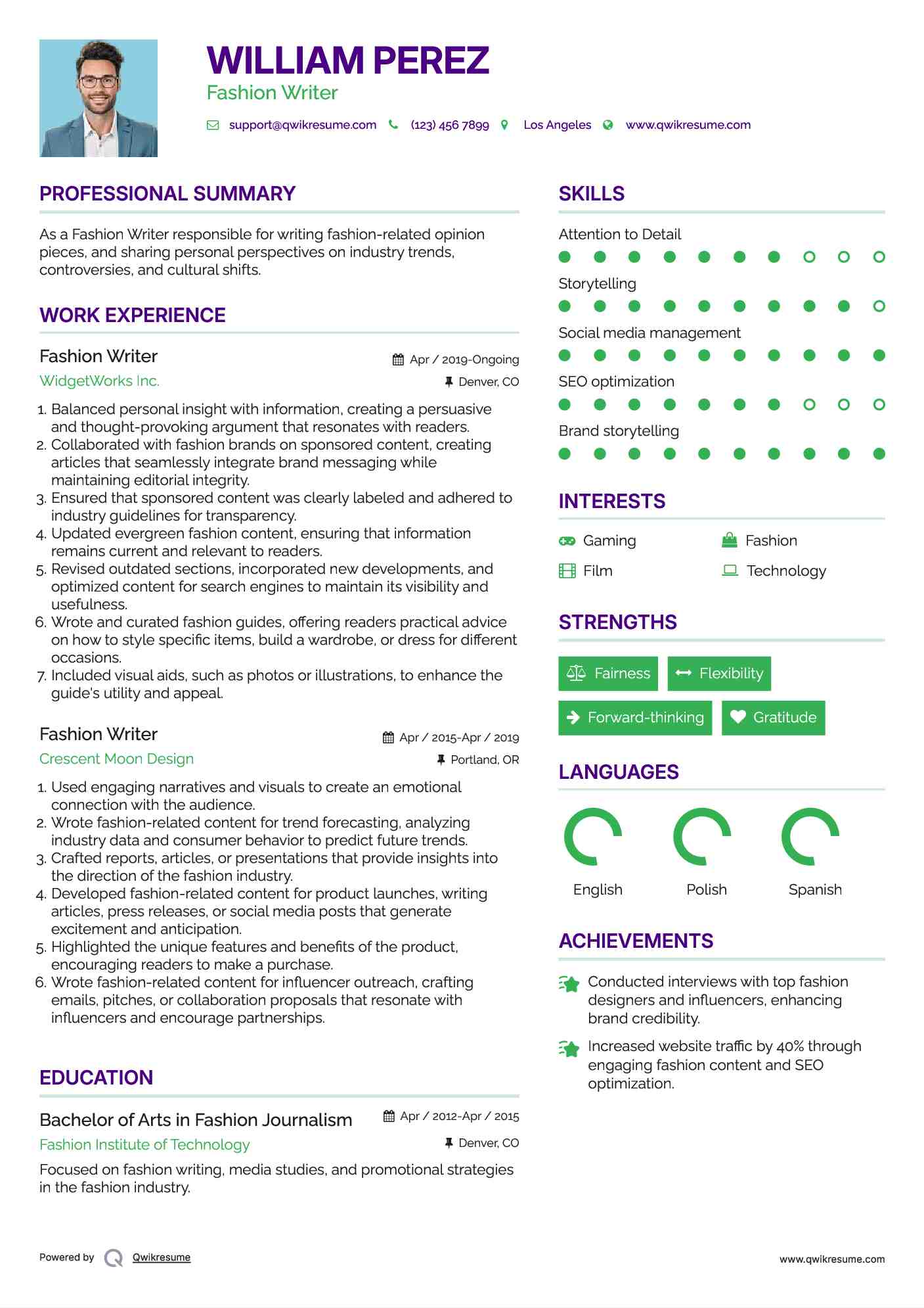 Fashion Writer Resume Format