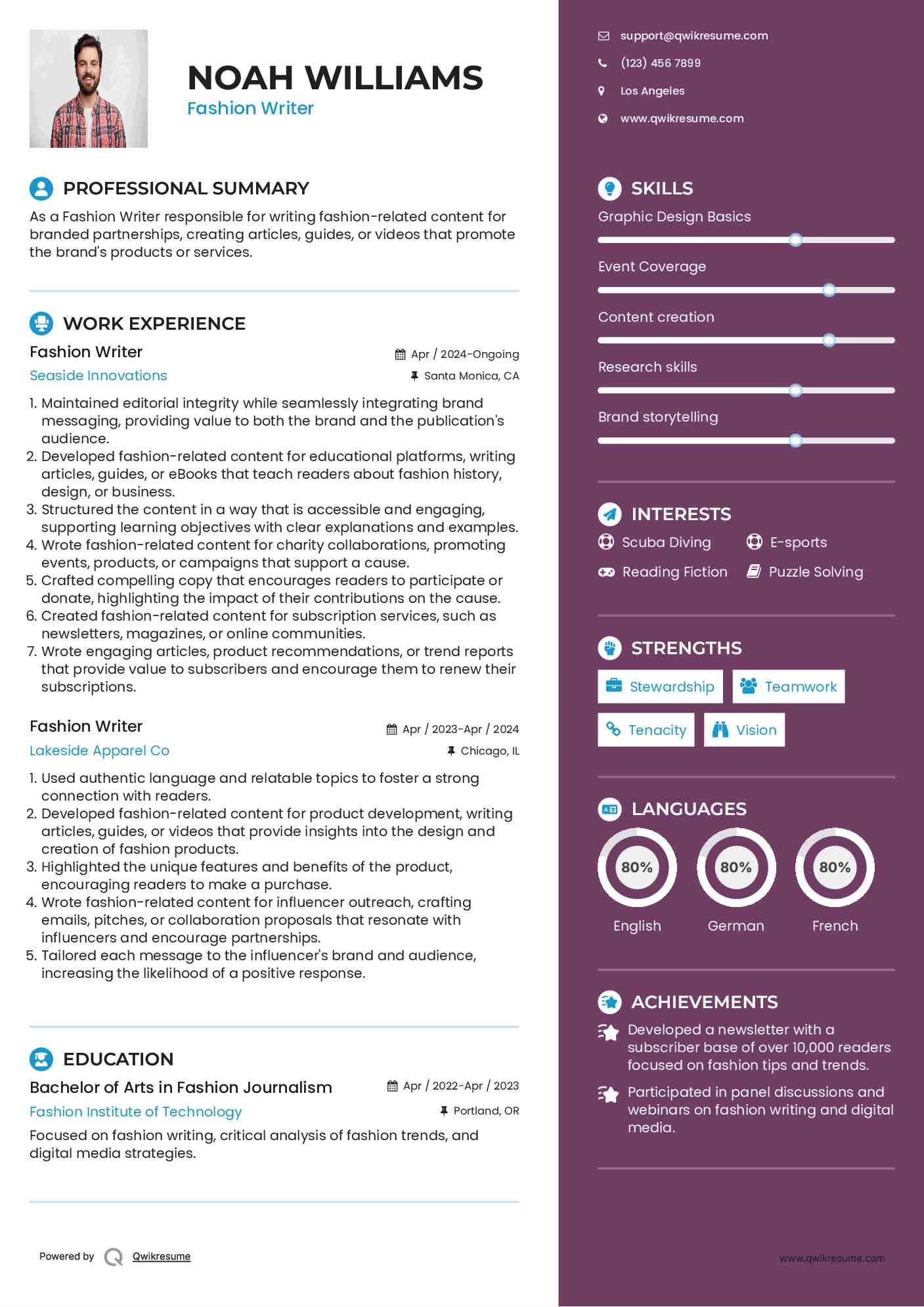 Fashion Writer Resume Example