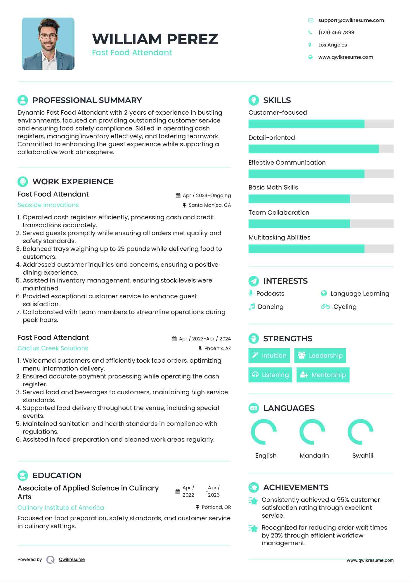 Fast Food Attendant Resume Example