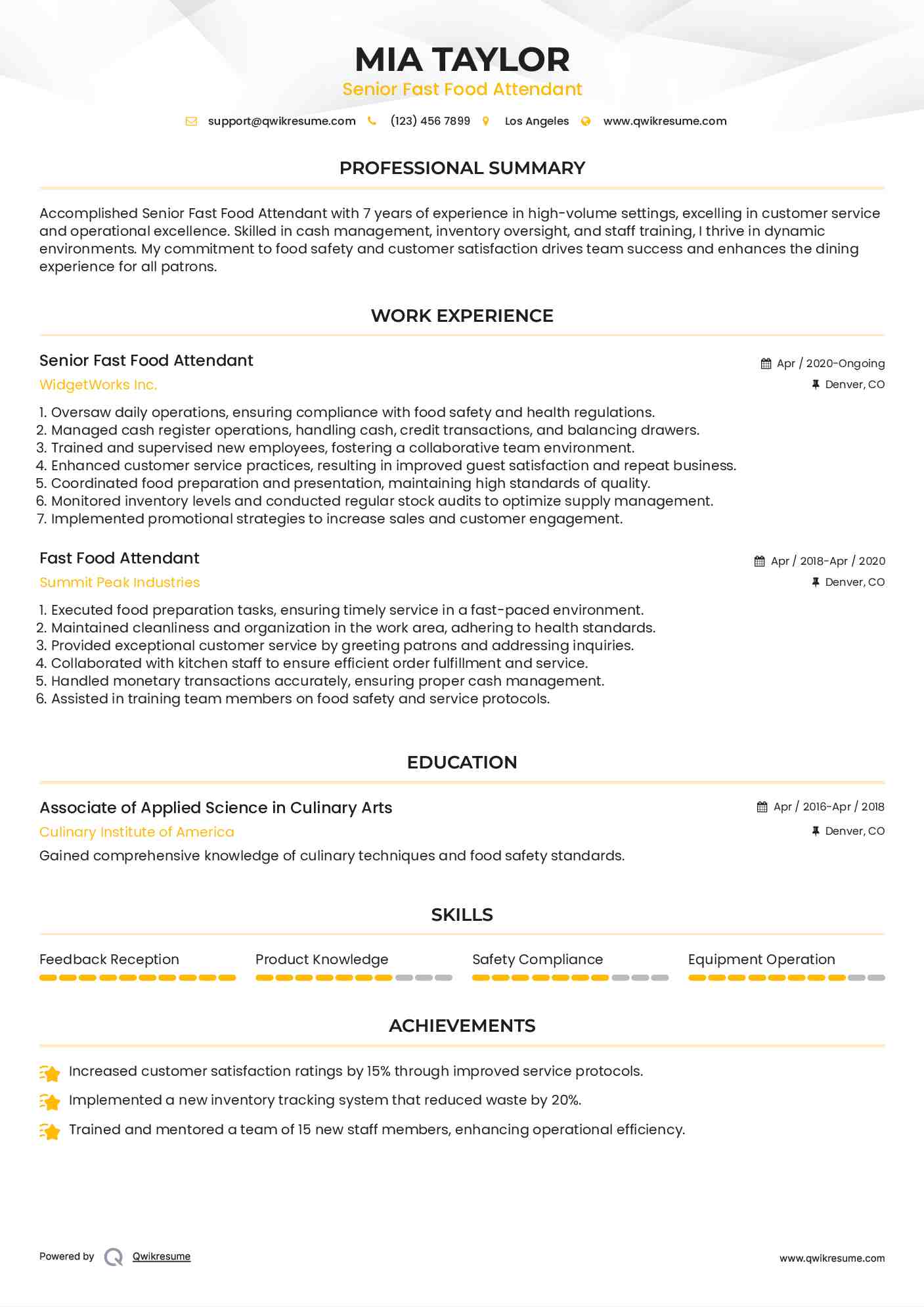 Senior Fast Food Attendant Resume Template