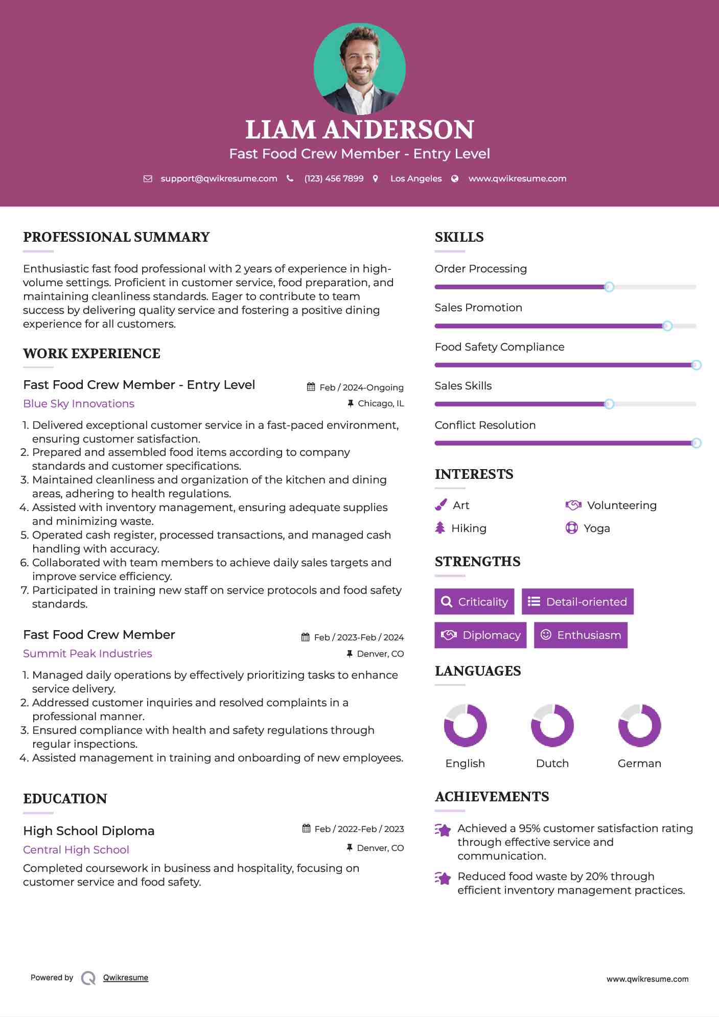 Fast Food Crew Member - Entry Level Resume Example