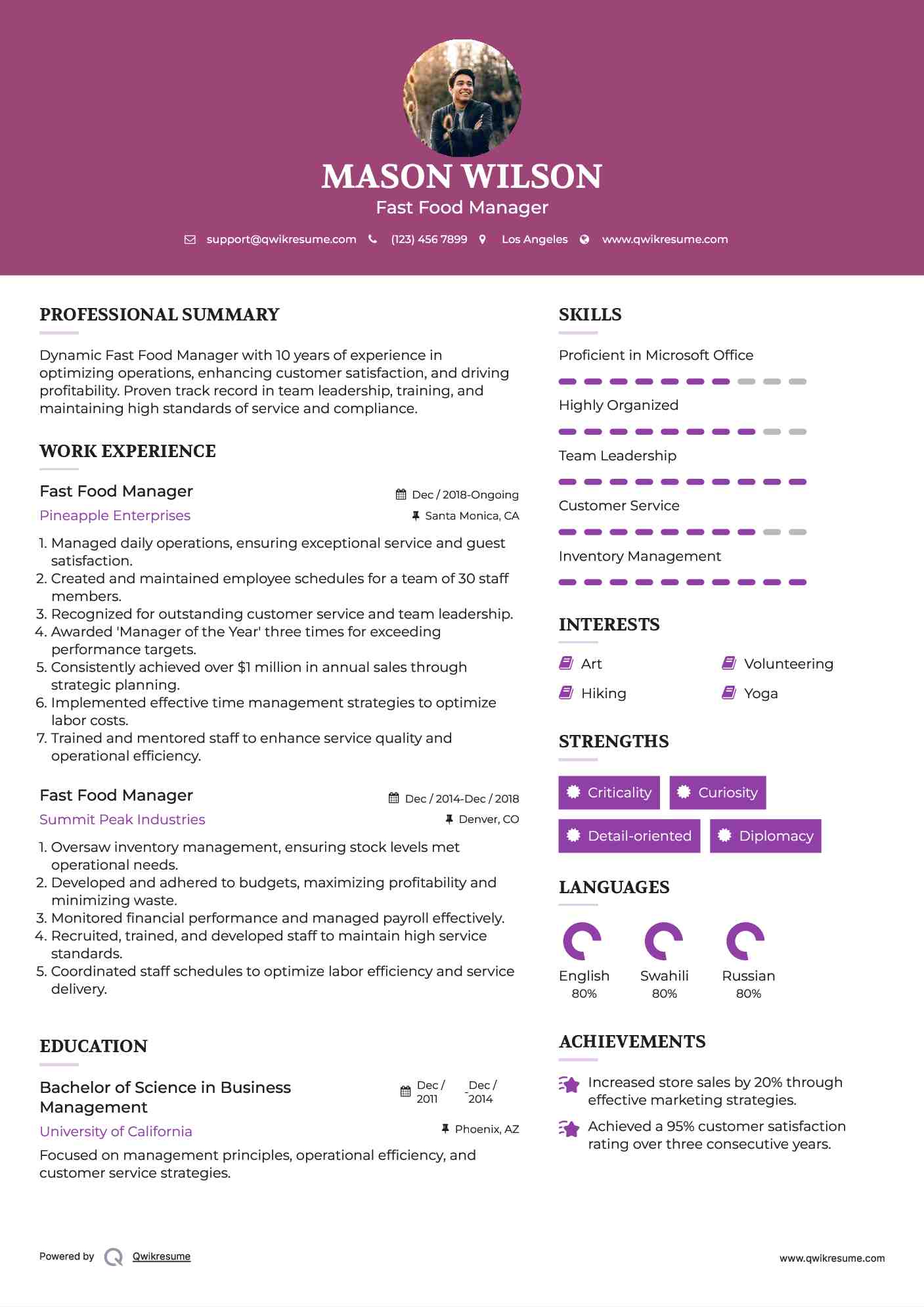 Fast Food Manager Resume Sample