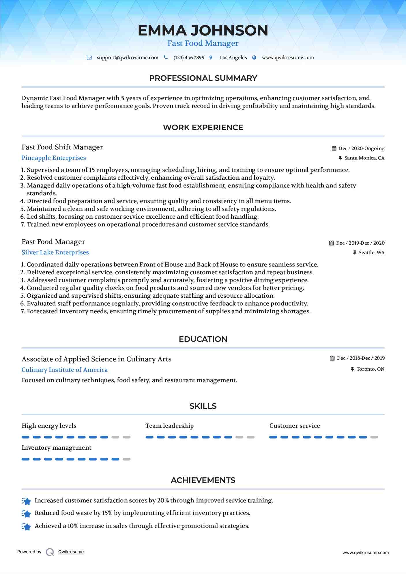 Fast Food Shift Manager Resume Model
