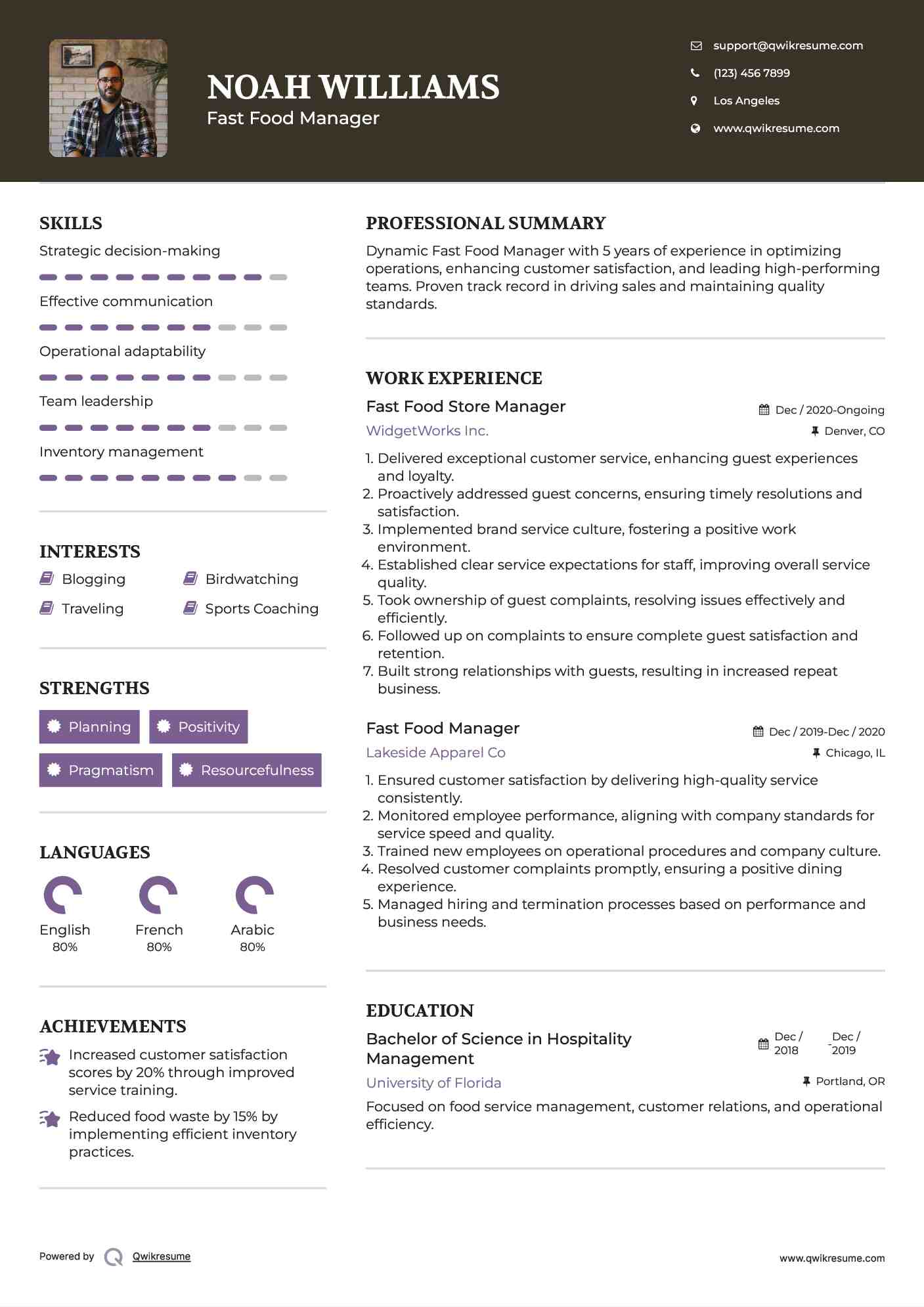 Fast Food Store Manager Resume Model