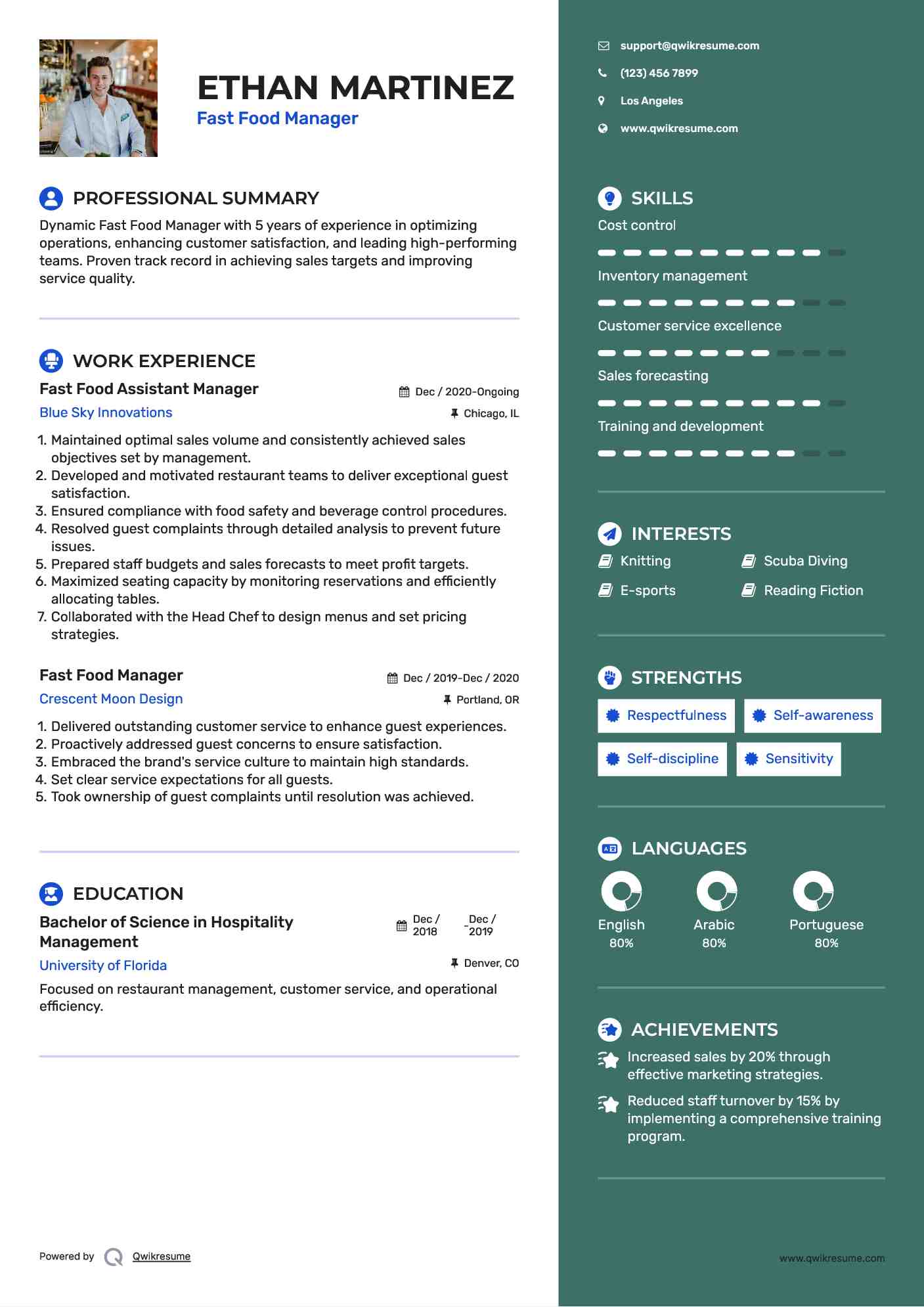 Fast Food Assistant Manager Resume Format