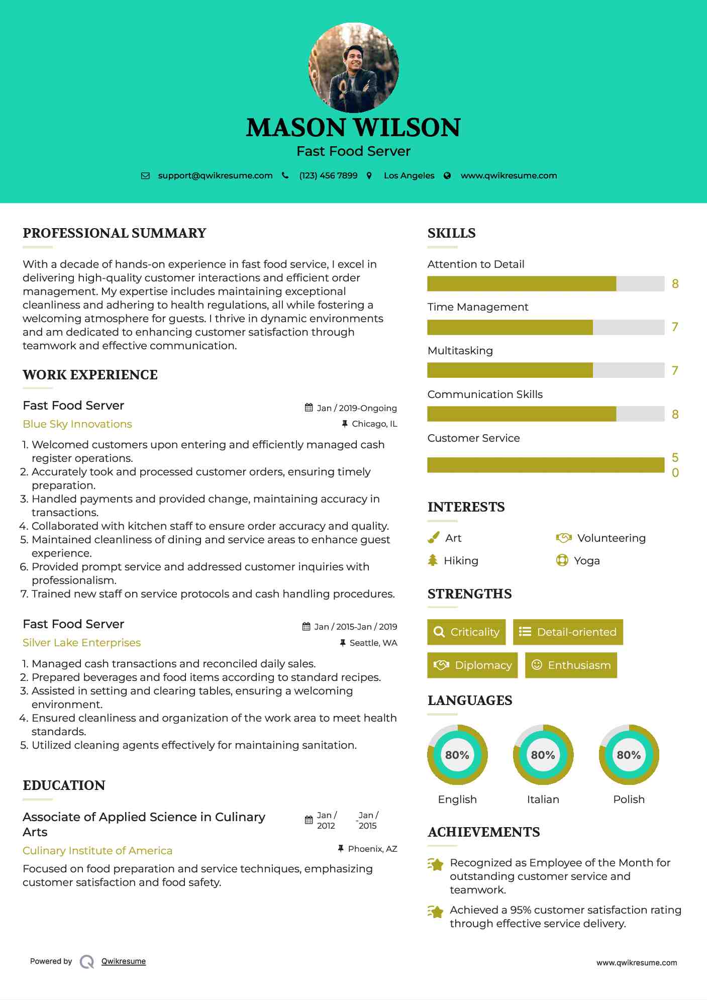 Fast Food Server Resume Model