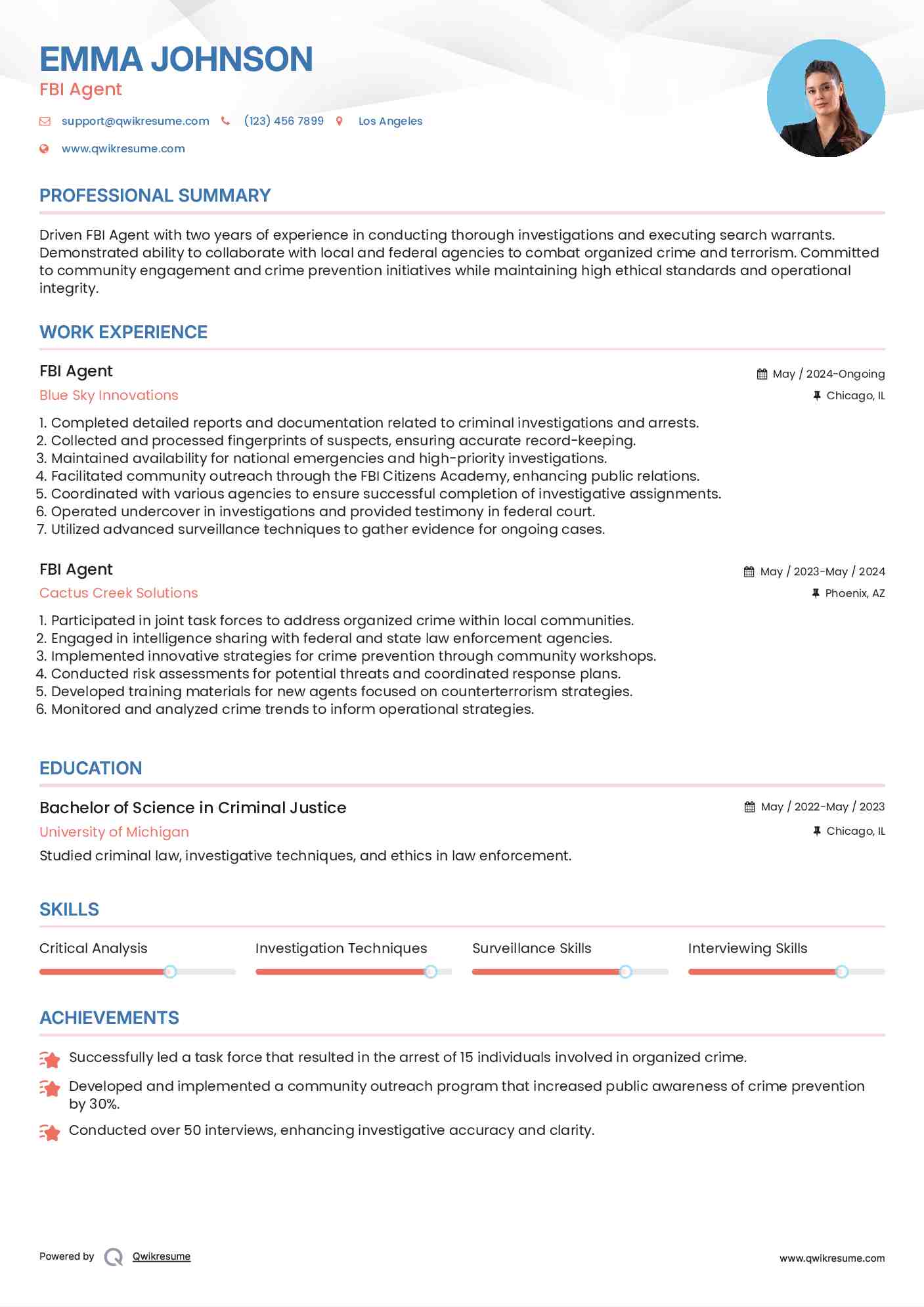 FBI Agent Resume Sample