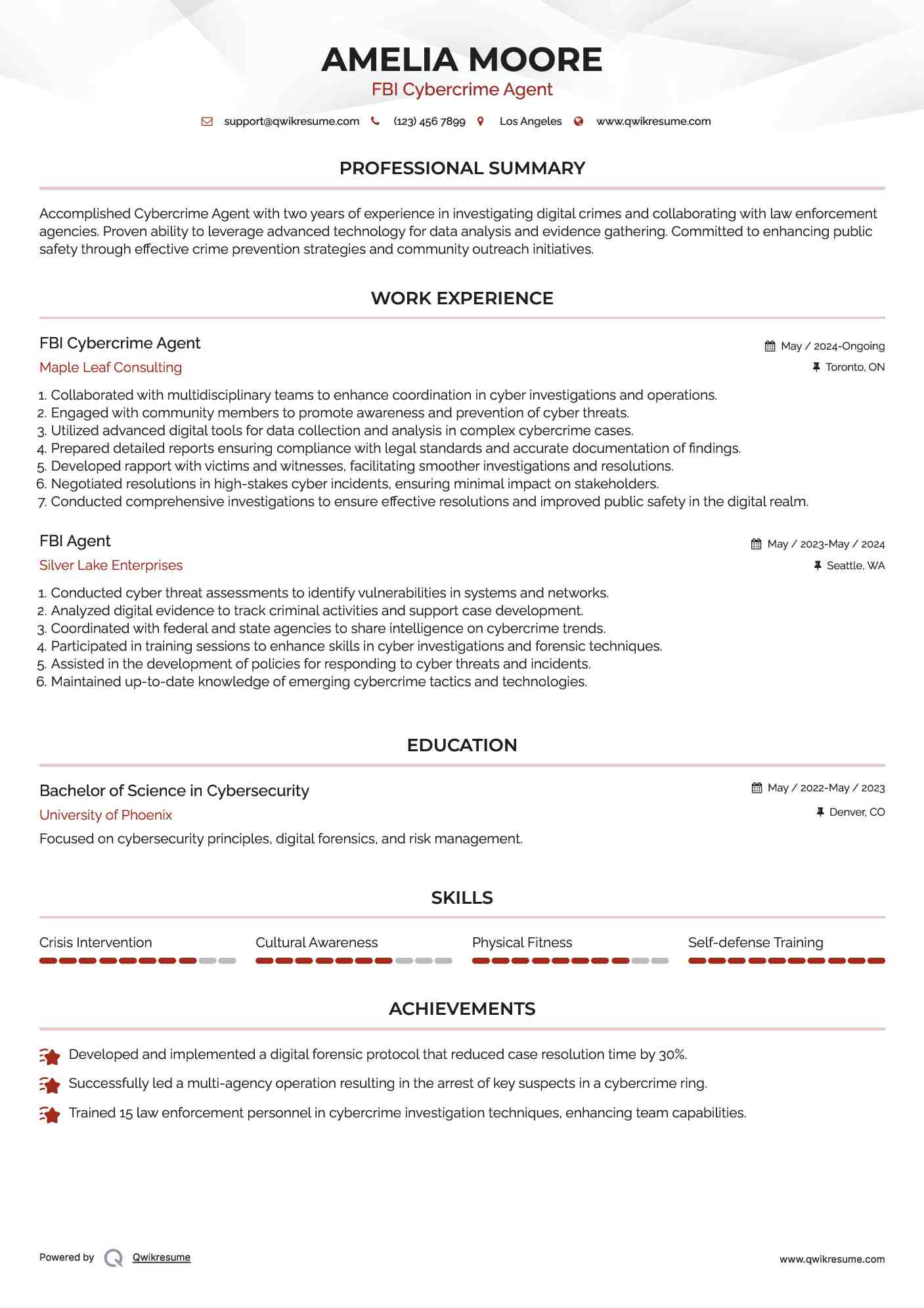 FBI Cybercrime Agent Resume Model