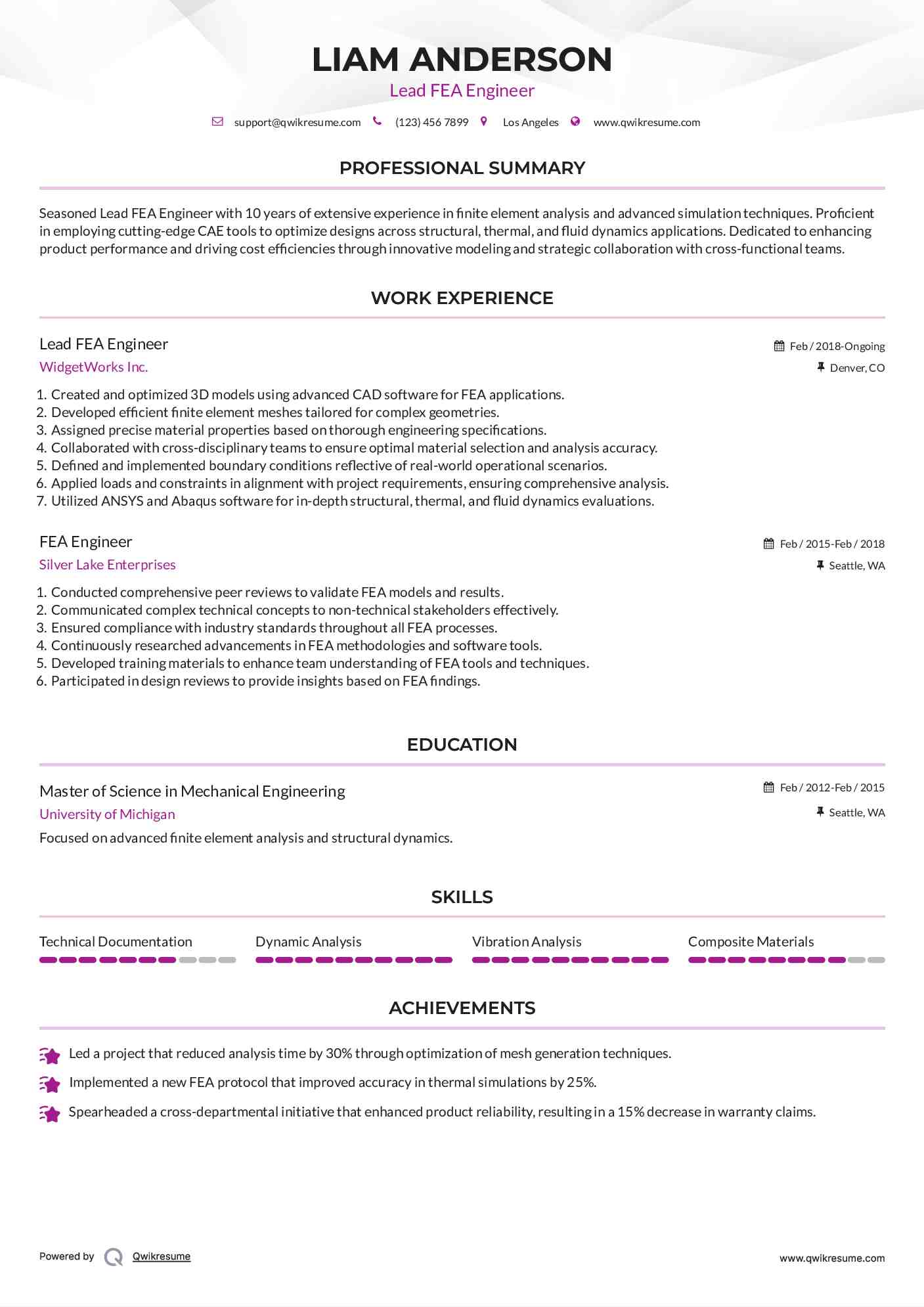 Lead FEA Engineer Resume Format