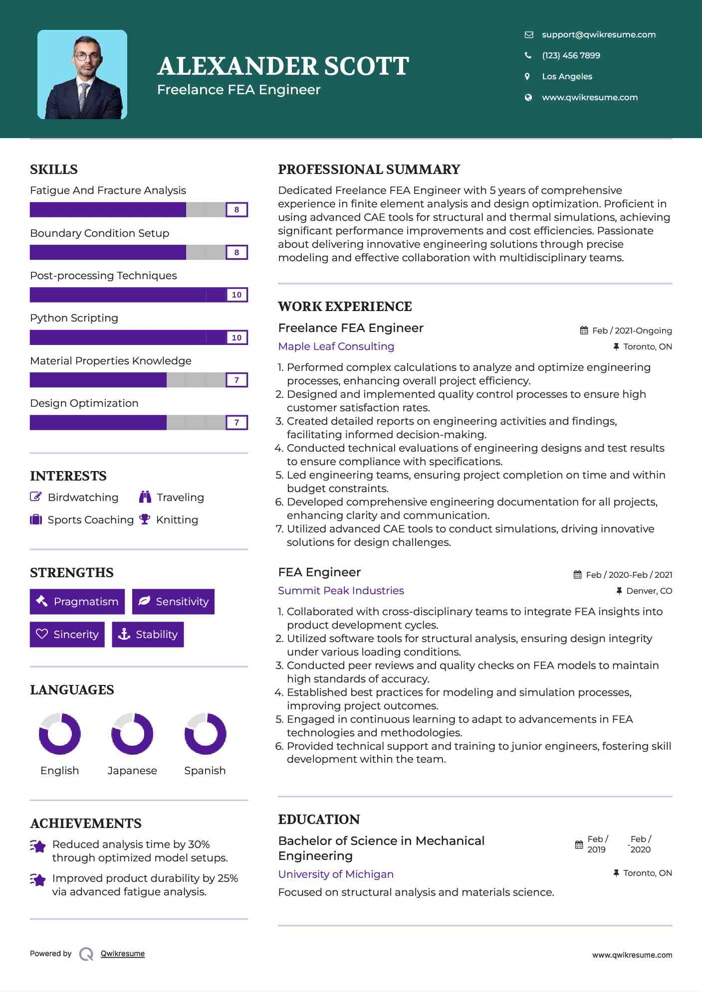 Freelance FEA Engineer Resume Format