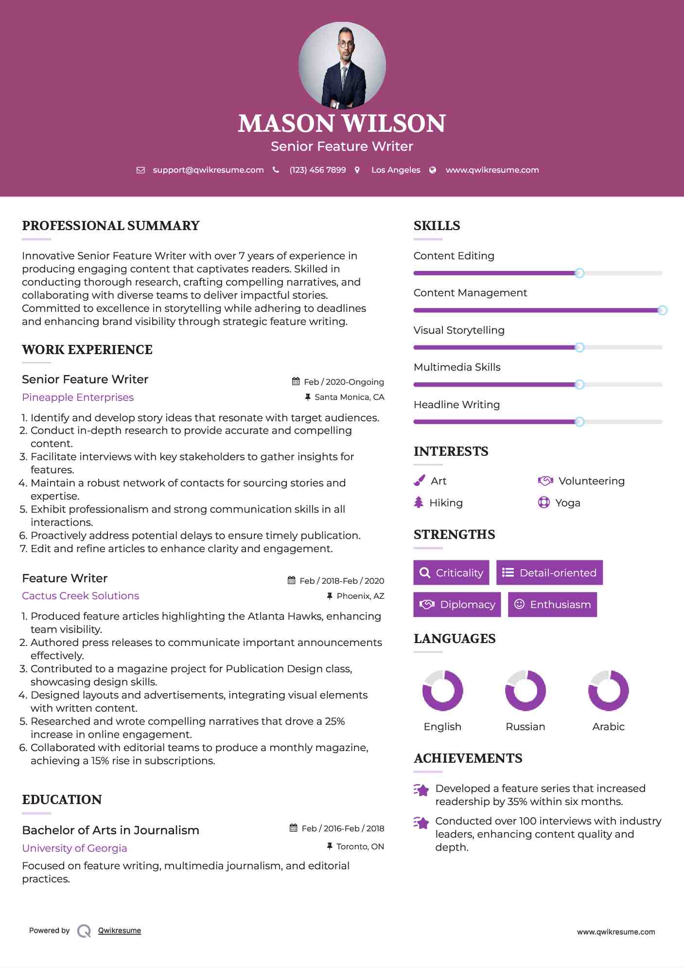 Senior Feature Writer Resume Template