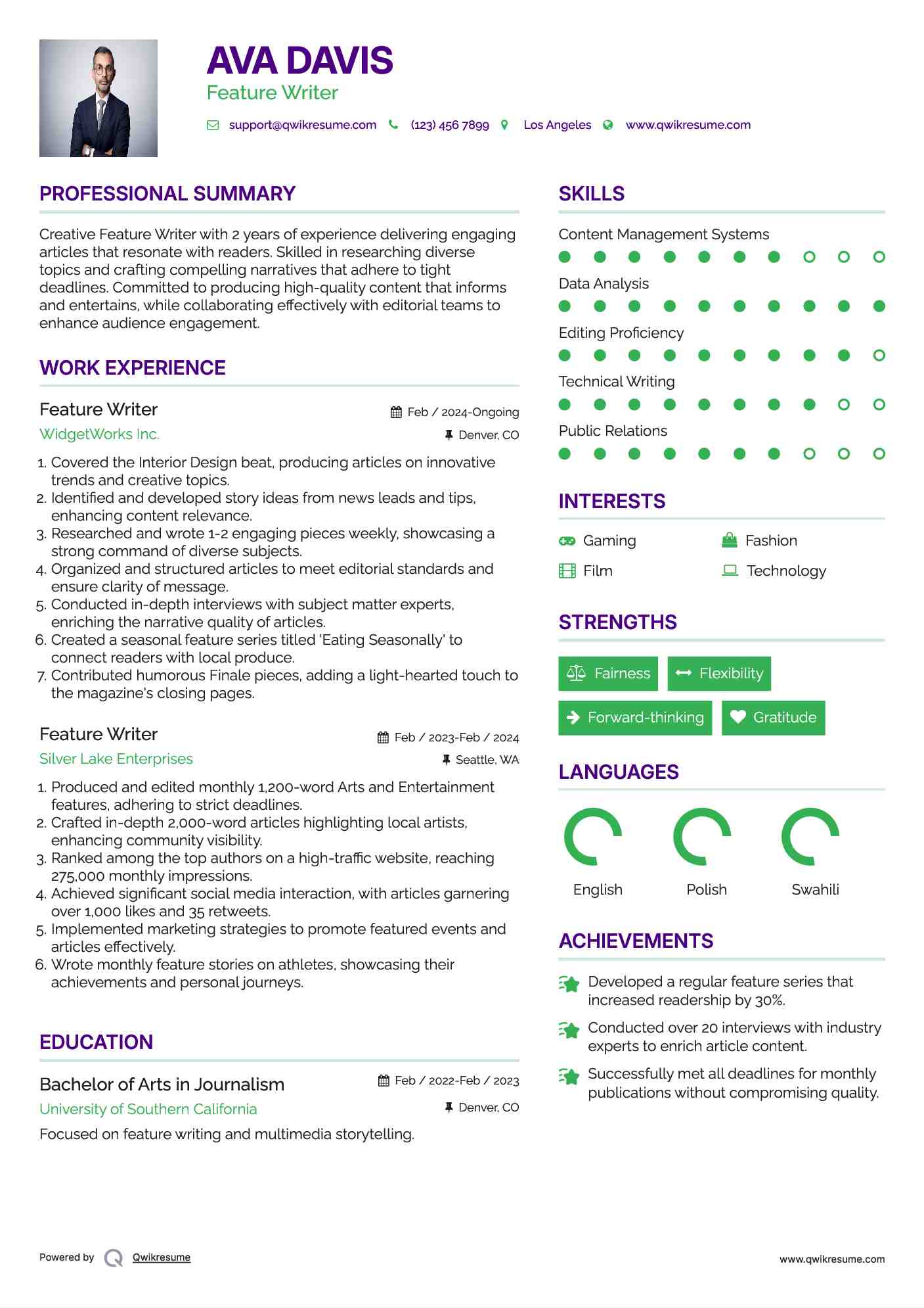 Feature Writer Resume Sample