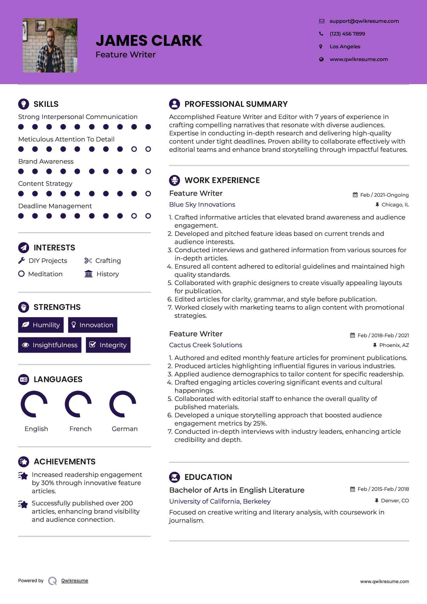 Feature Writer Resume Format