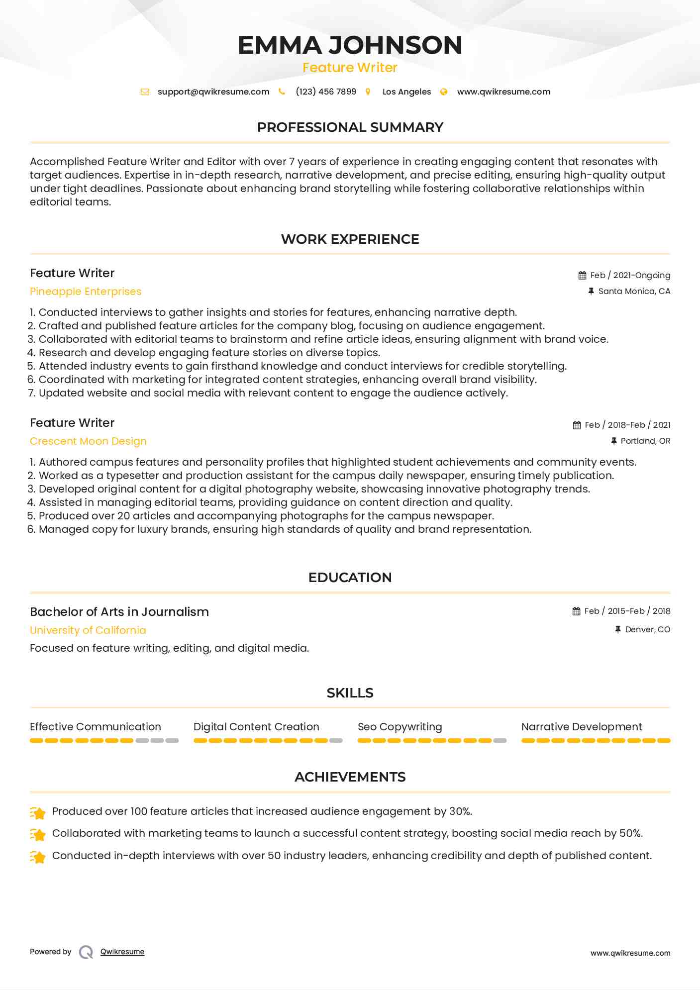 feature writing samples english