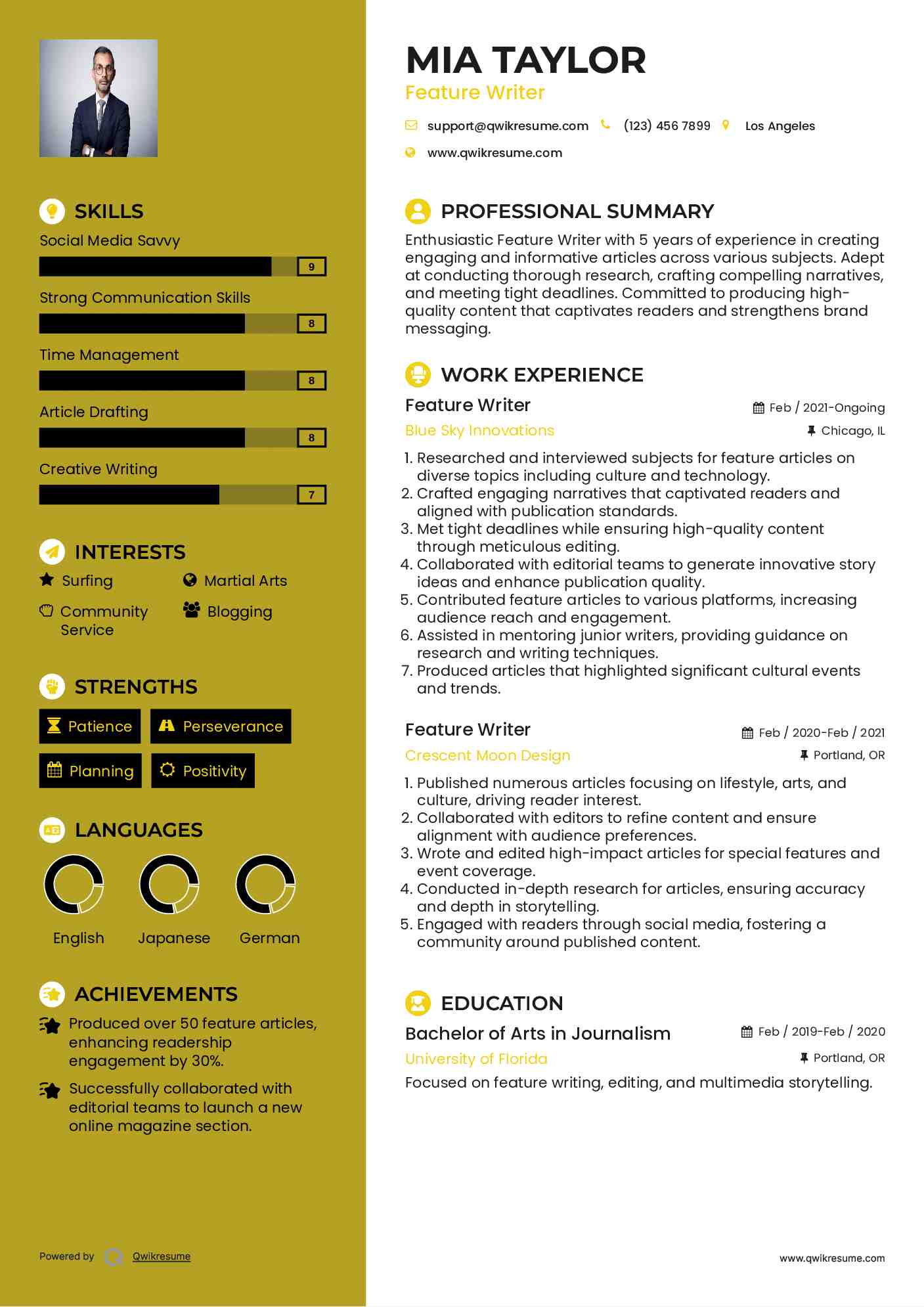 Feature Writer Resume Example