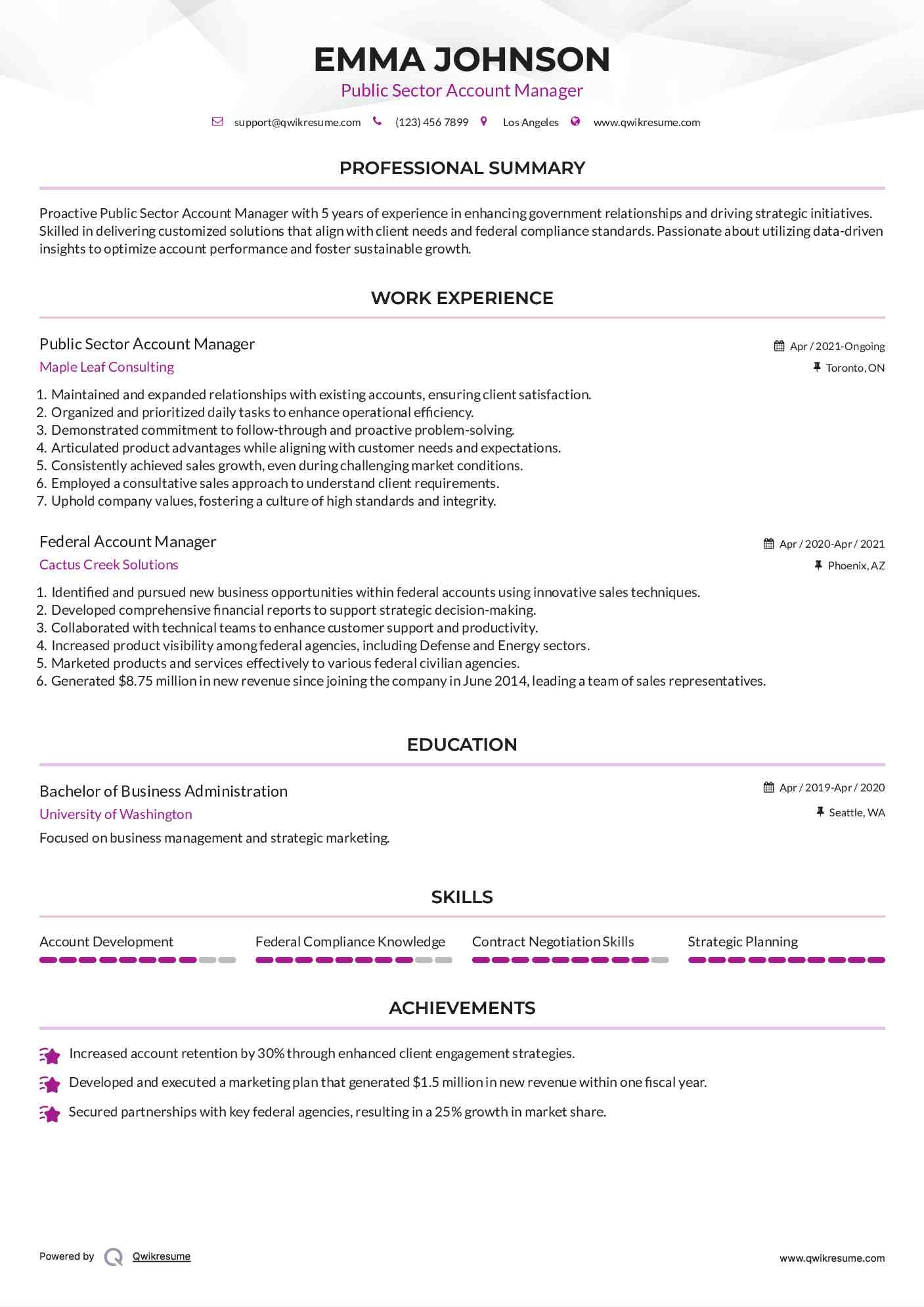 Public Sector Account Manager Resume Model