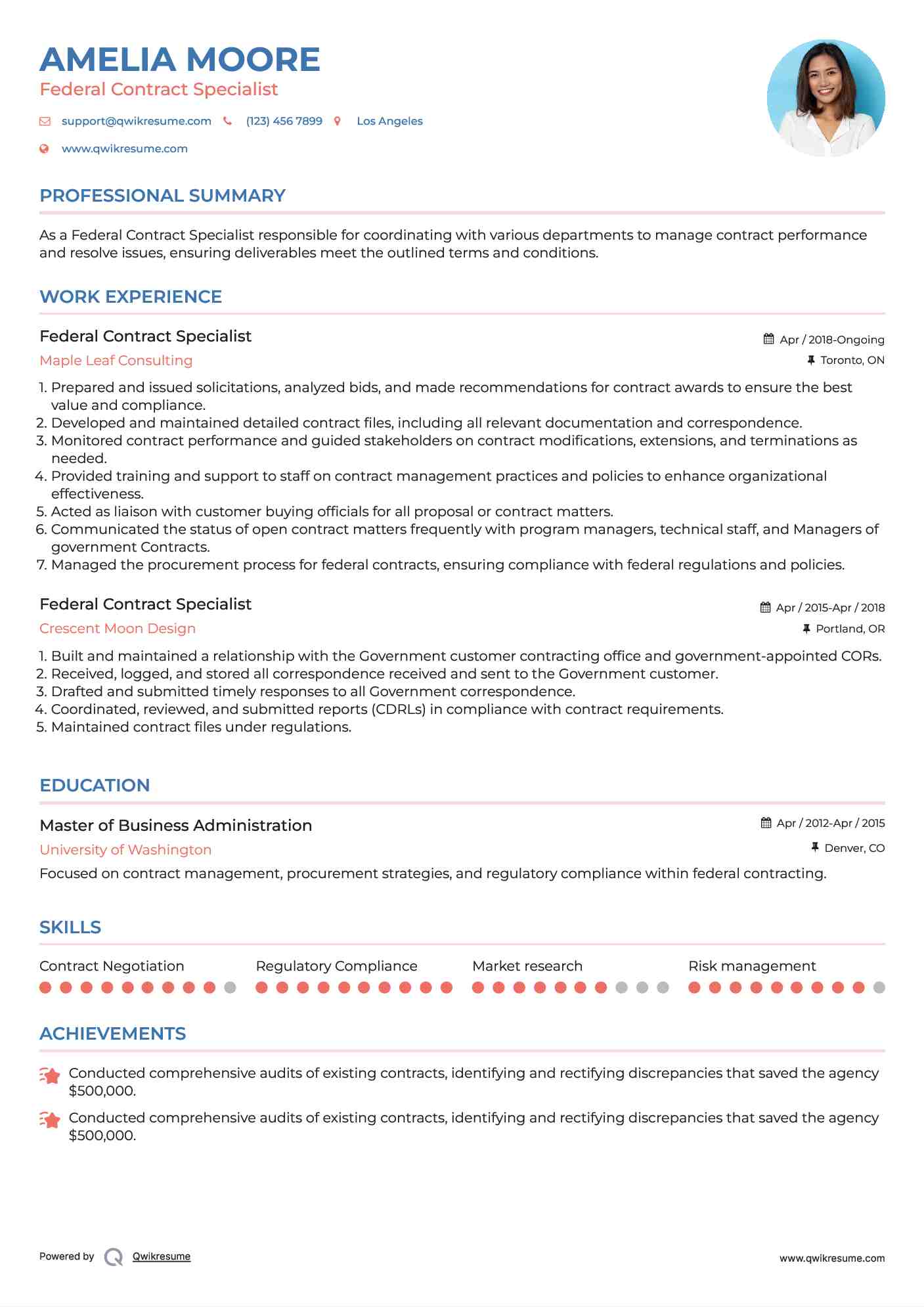 Federal Contract Specialist Resume Sample