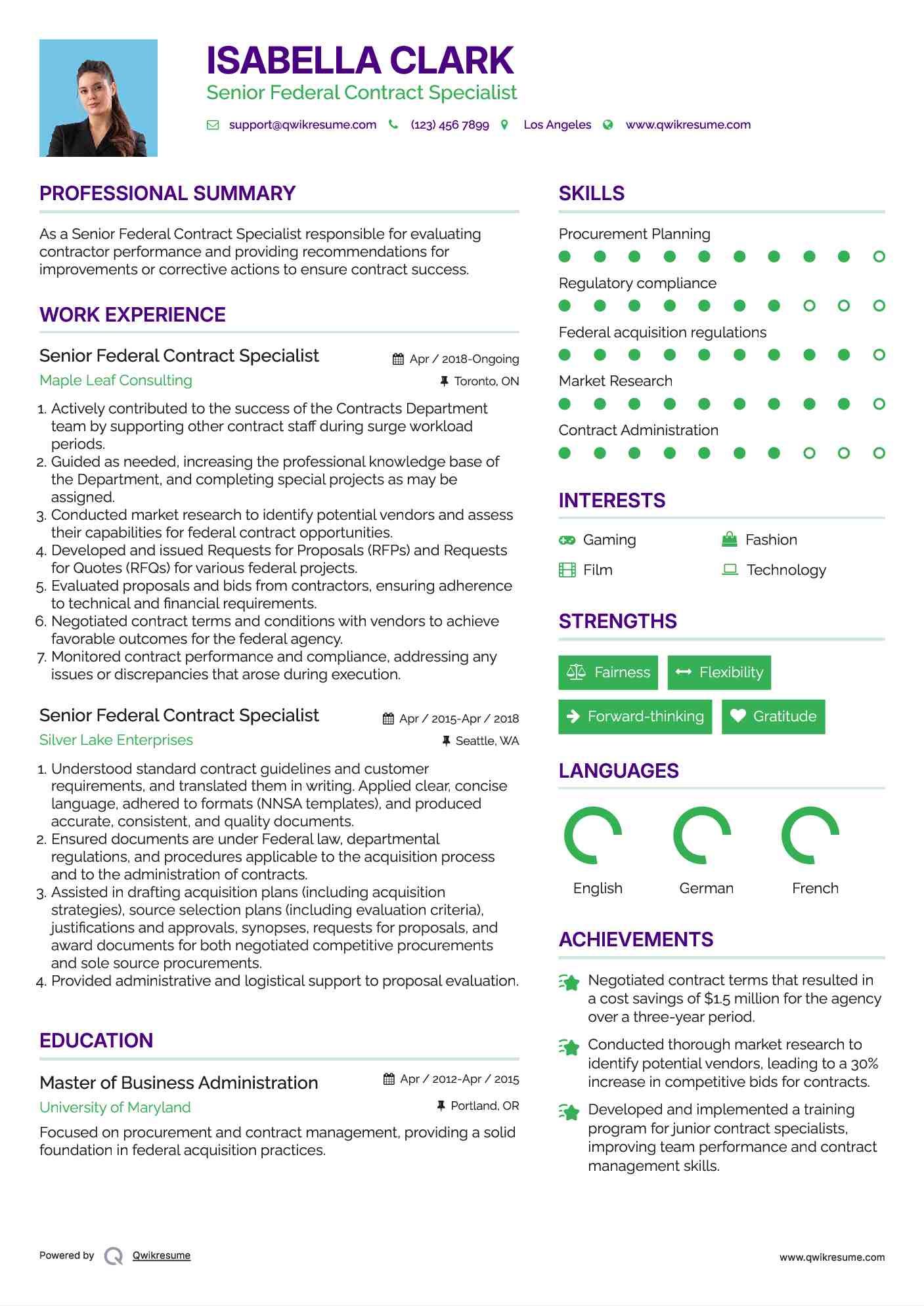 Senior Federal Contract Specialist Resume Format