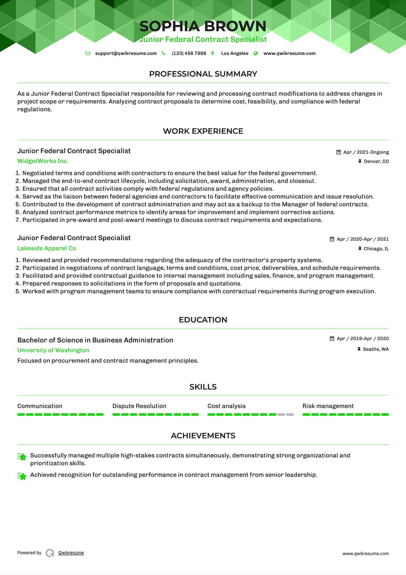 Junior Federal Contract Specialist Resume Sample