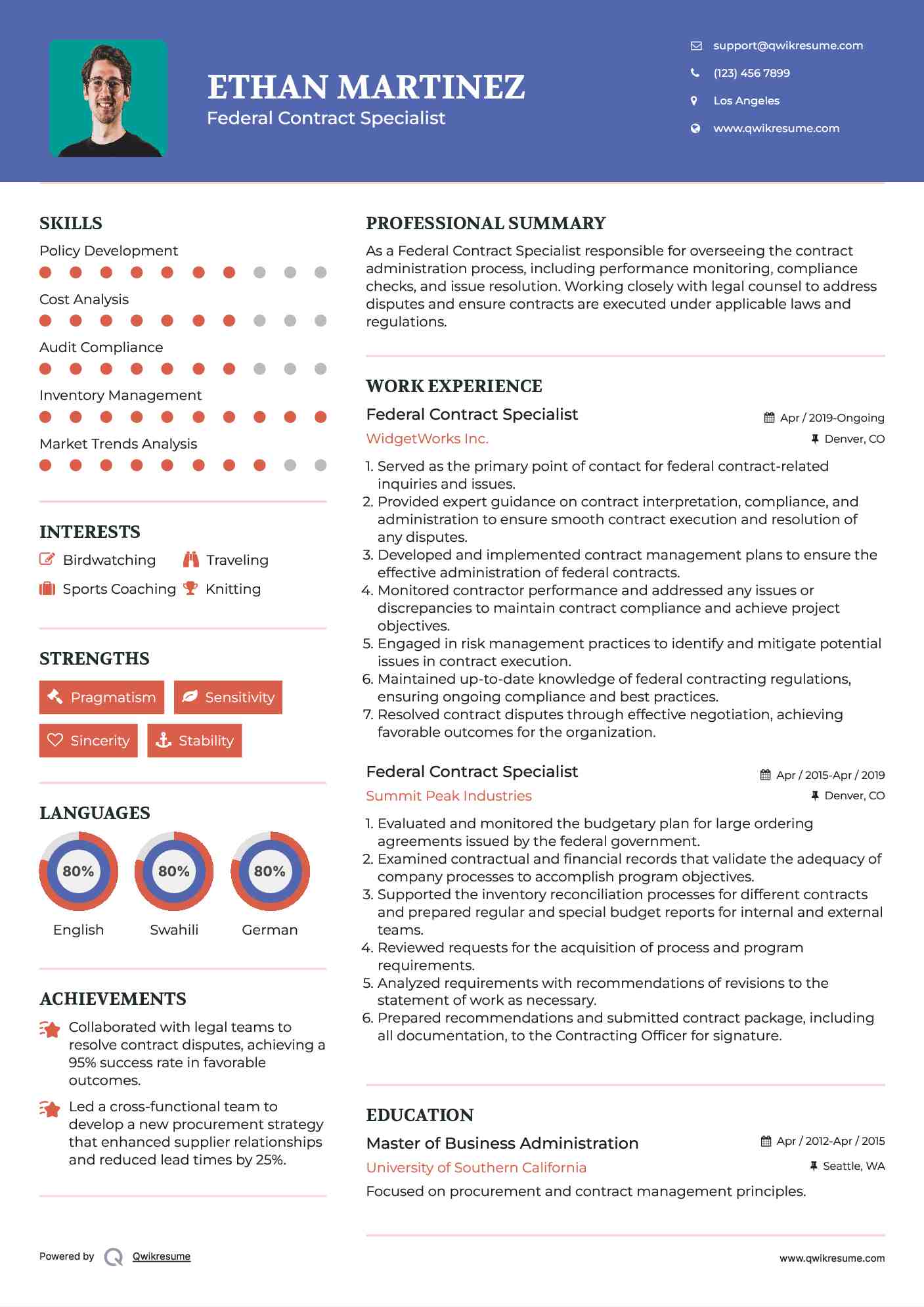 Federal Contract Specialist Resume Sample