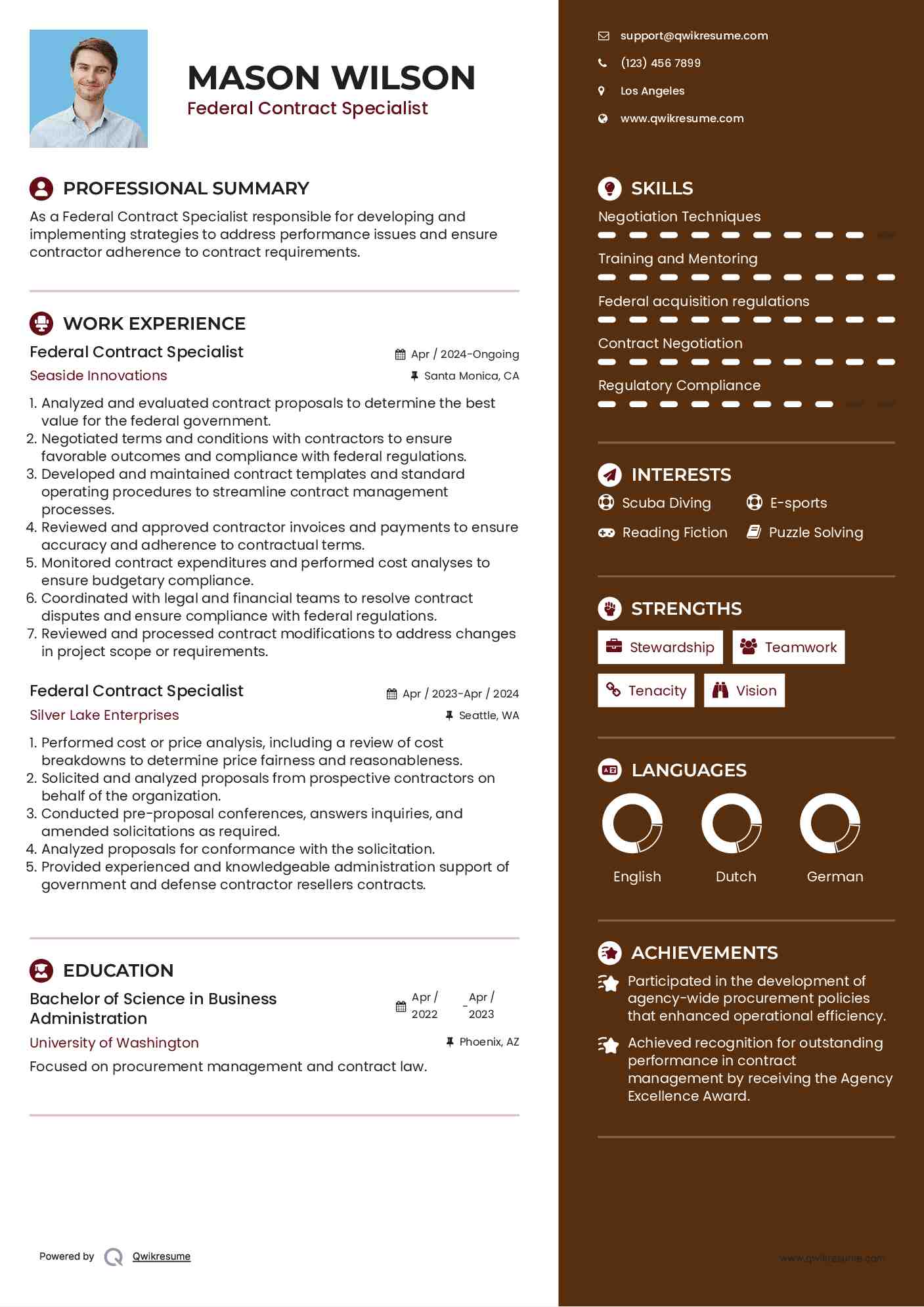 Federal Contract Specialist Resume Example