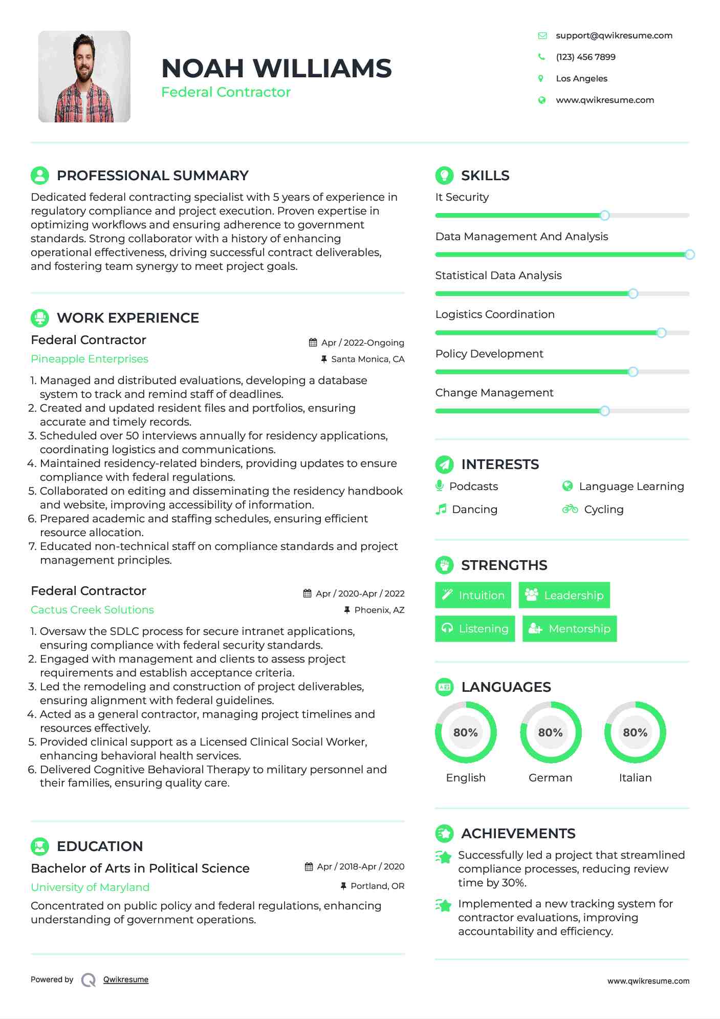 Federal Contractor Resume Sample