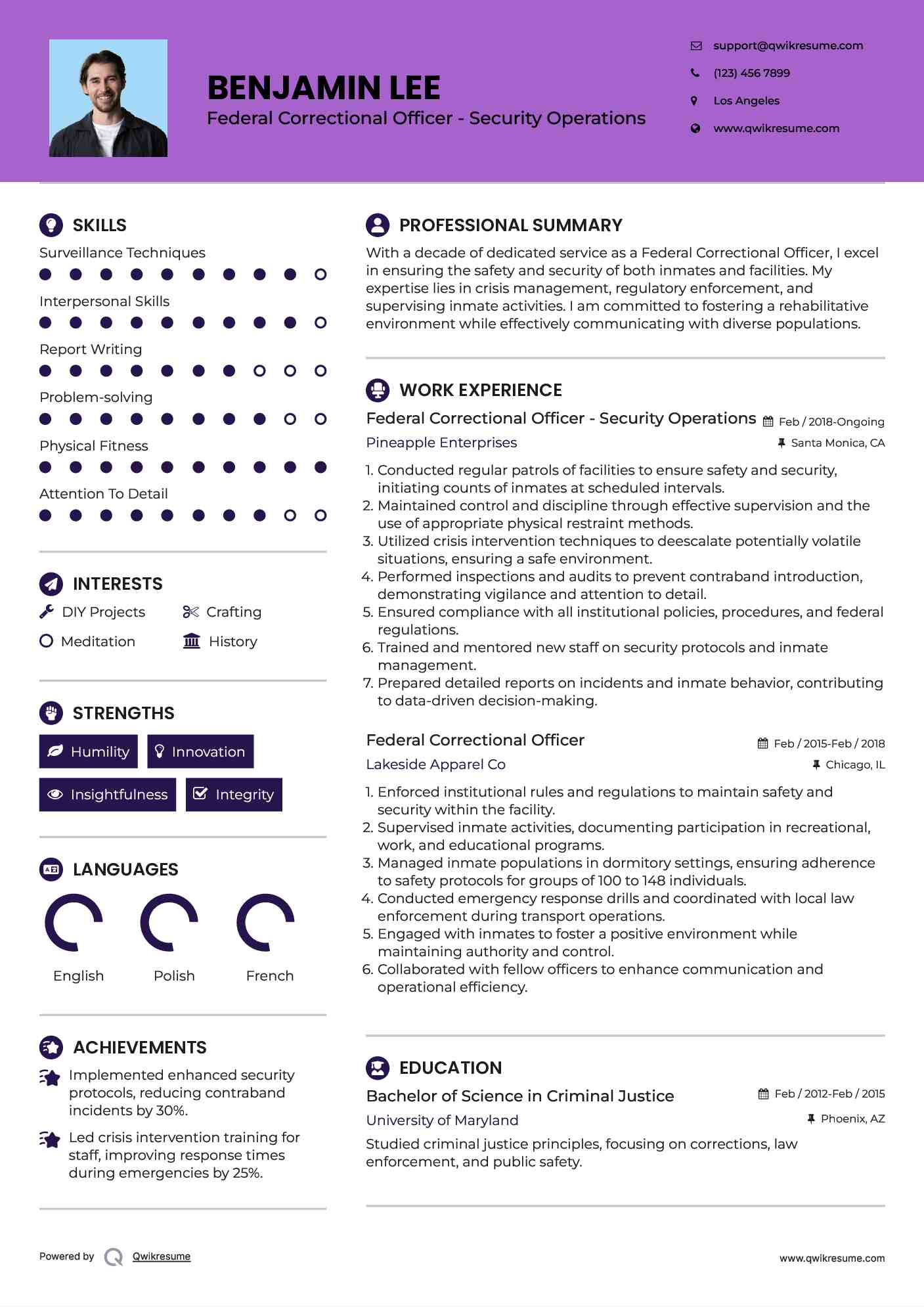 Federal Correctional Officer - Security Operations Resume Template