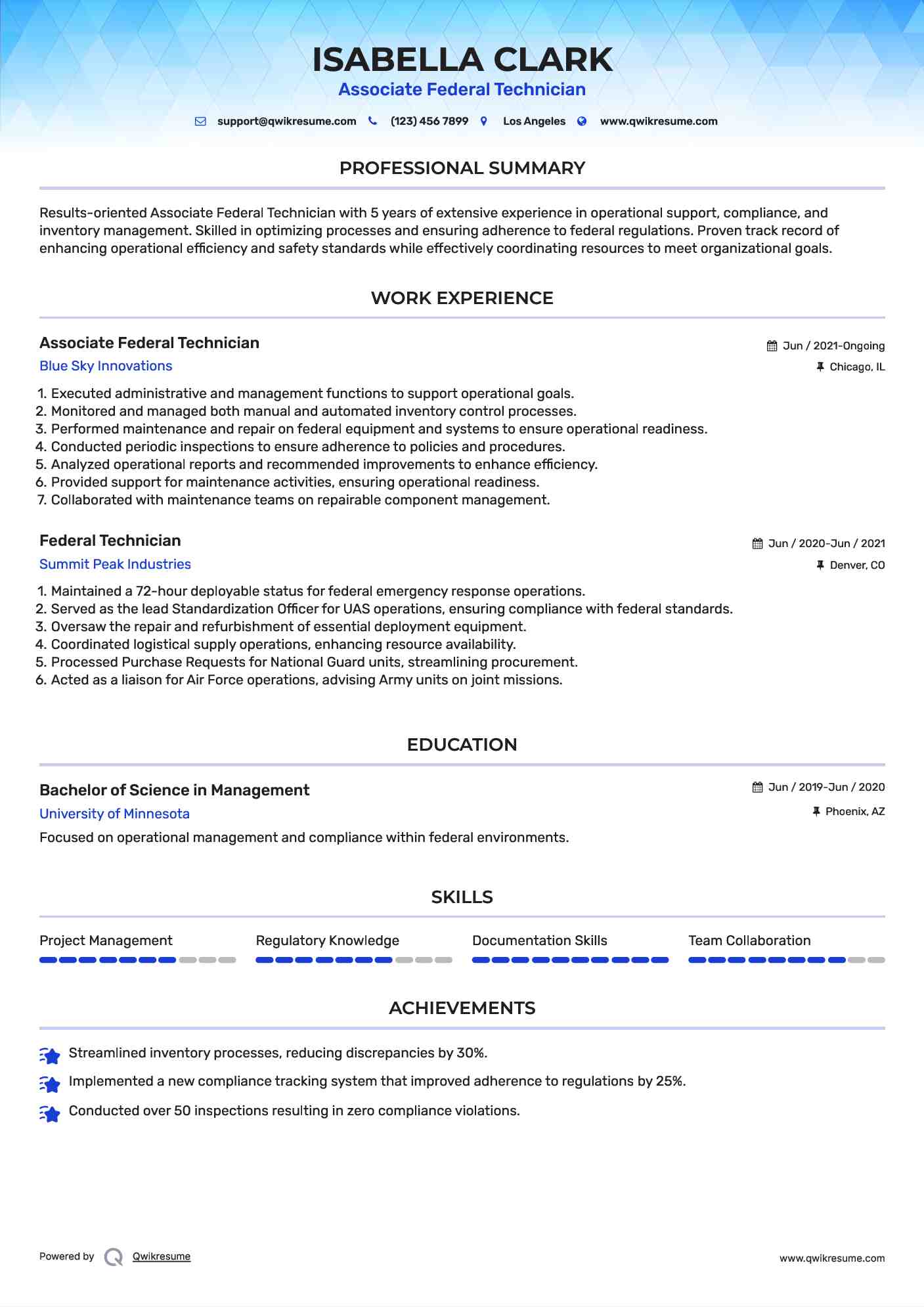 Associate Federal Technician Resume Sample