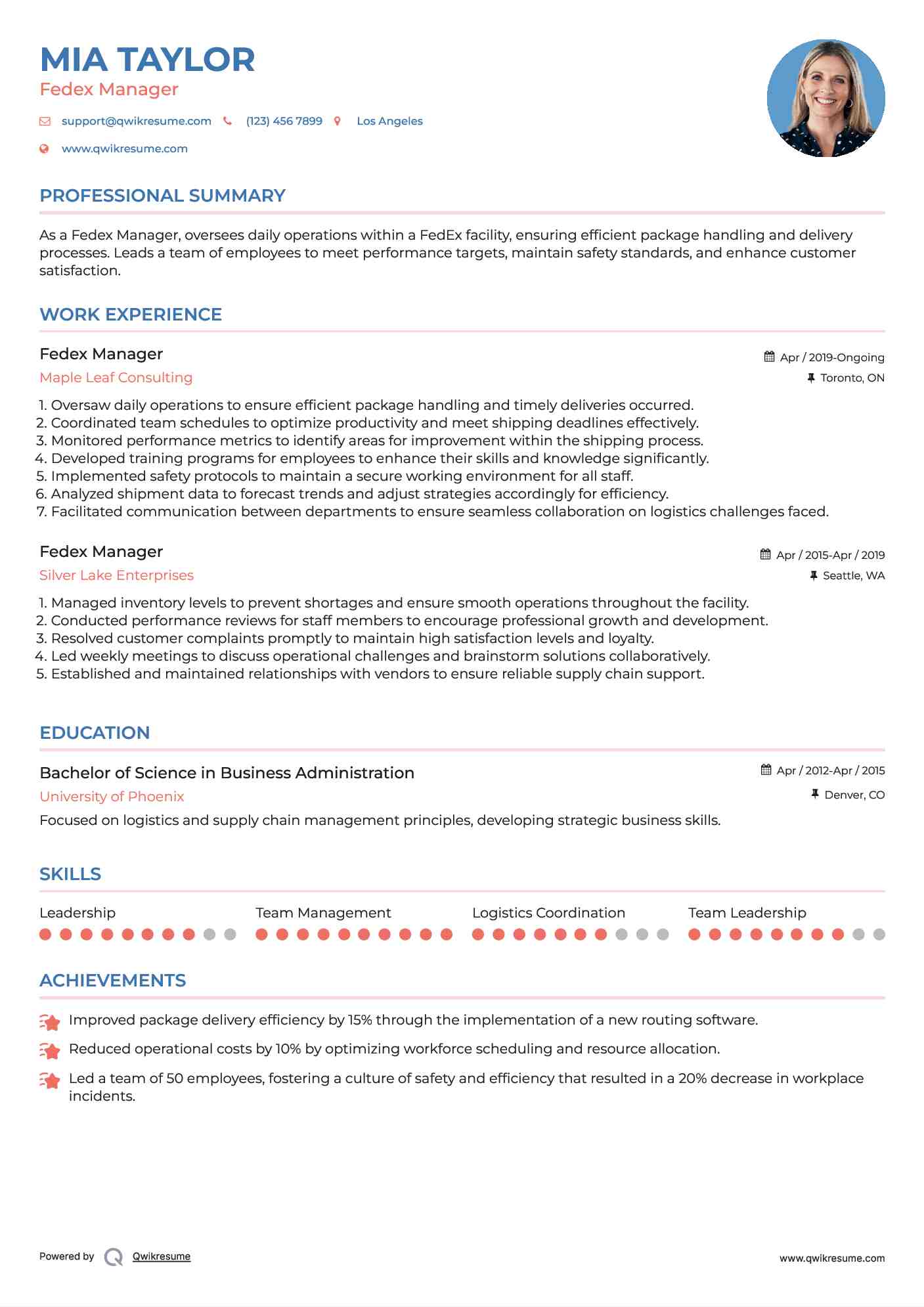 Fedex Manager Resume Sample