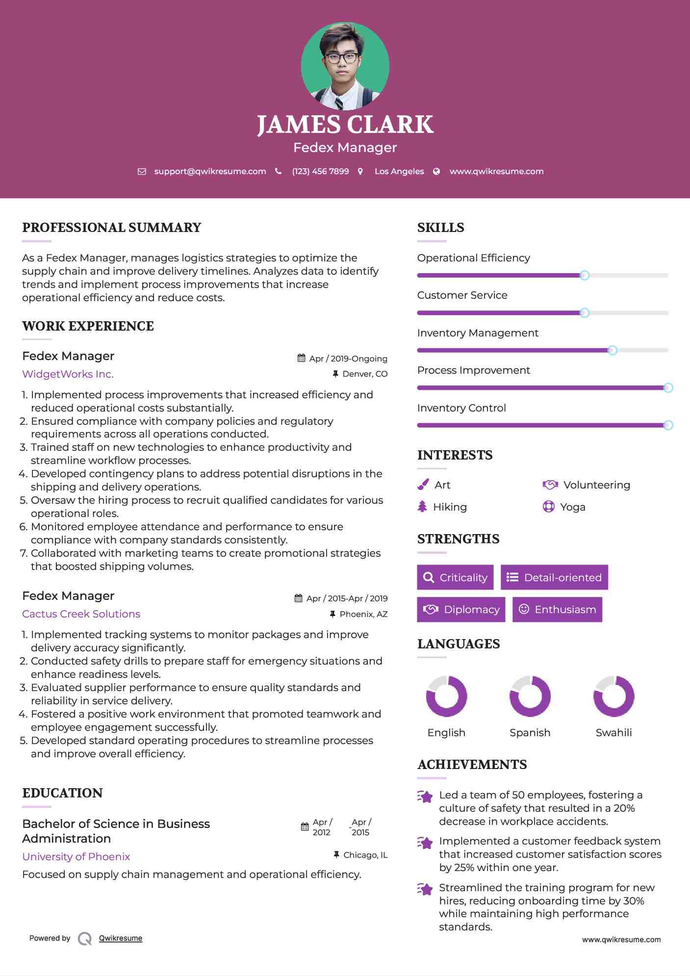 Fedex Manager Resume Model
