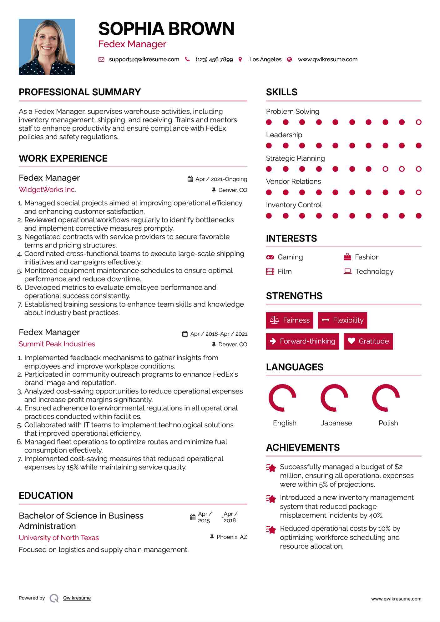 Fedex Manager Resume Sample