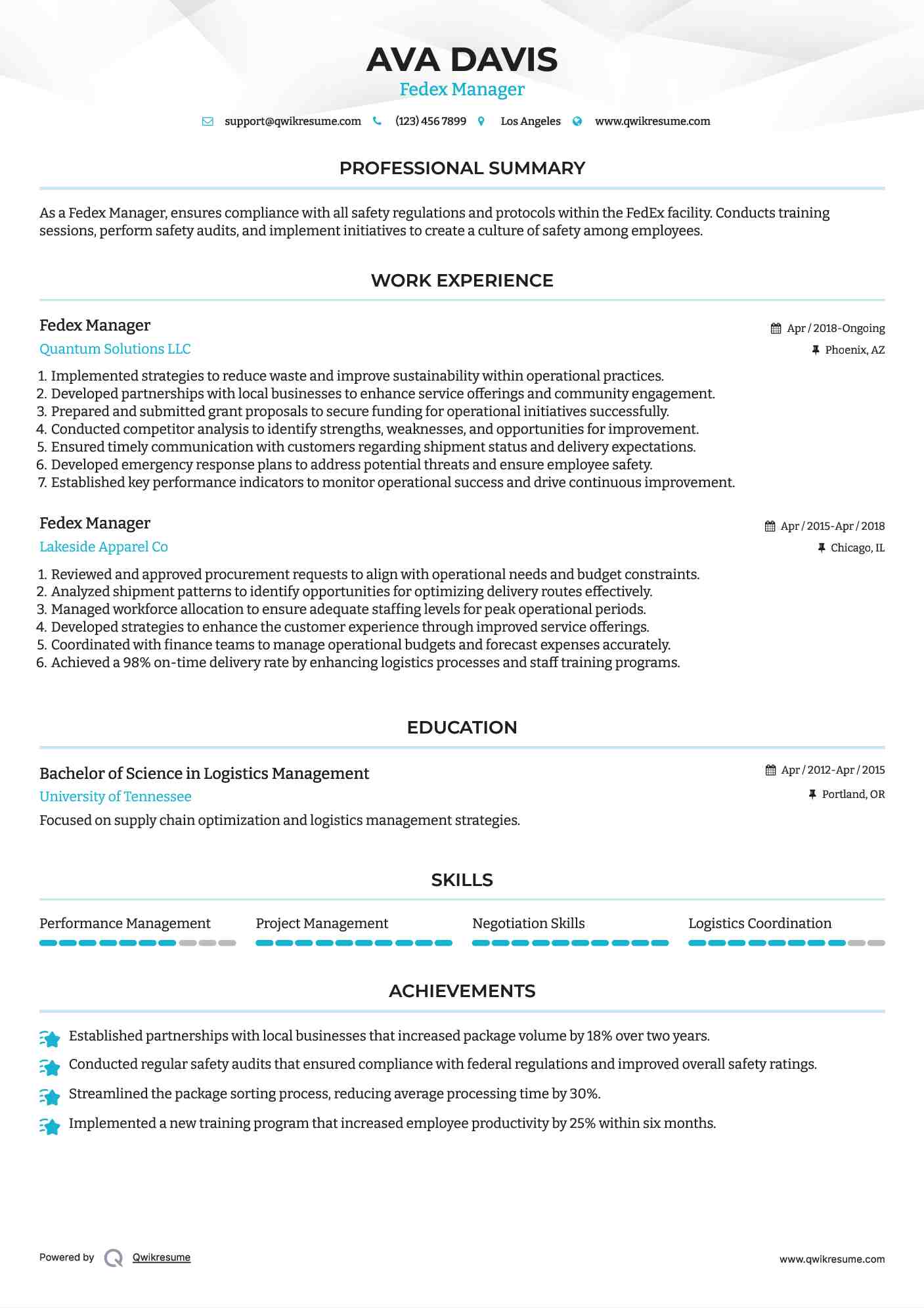 Fedex Manager Resume Model