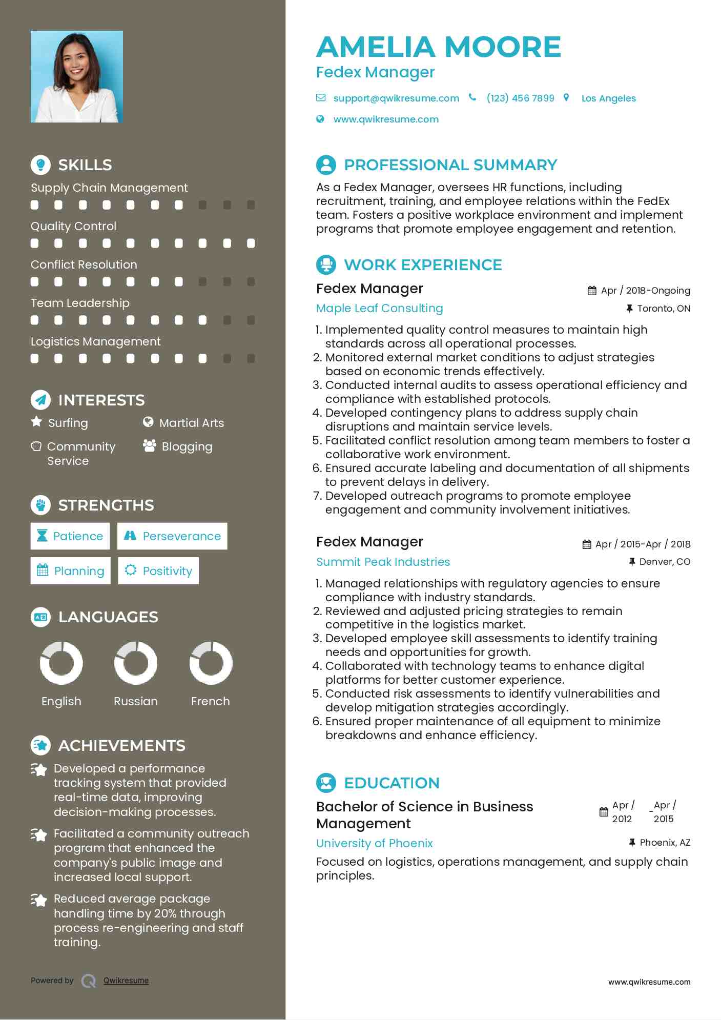 Fedex Manager Resume Sample