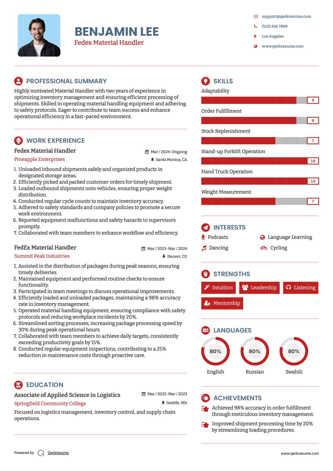 Fedex Material Handler Resume Format